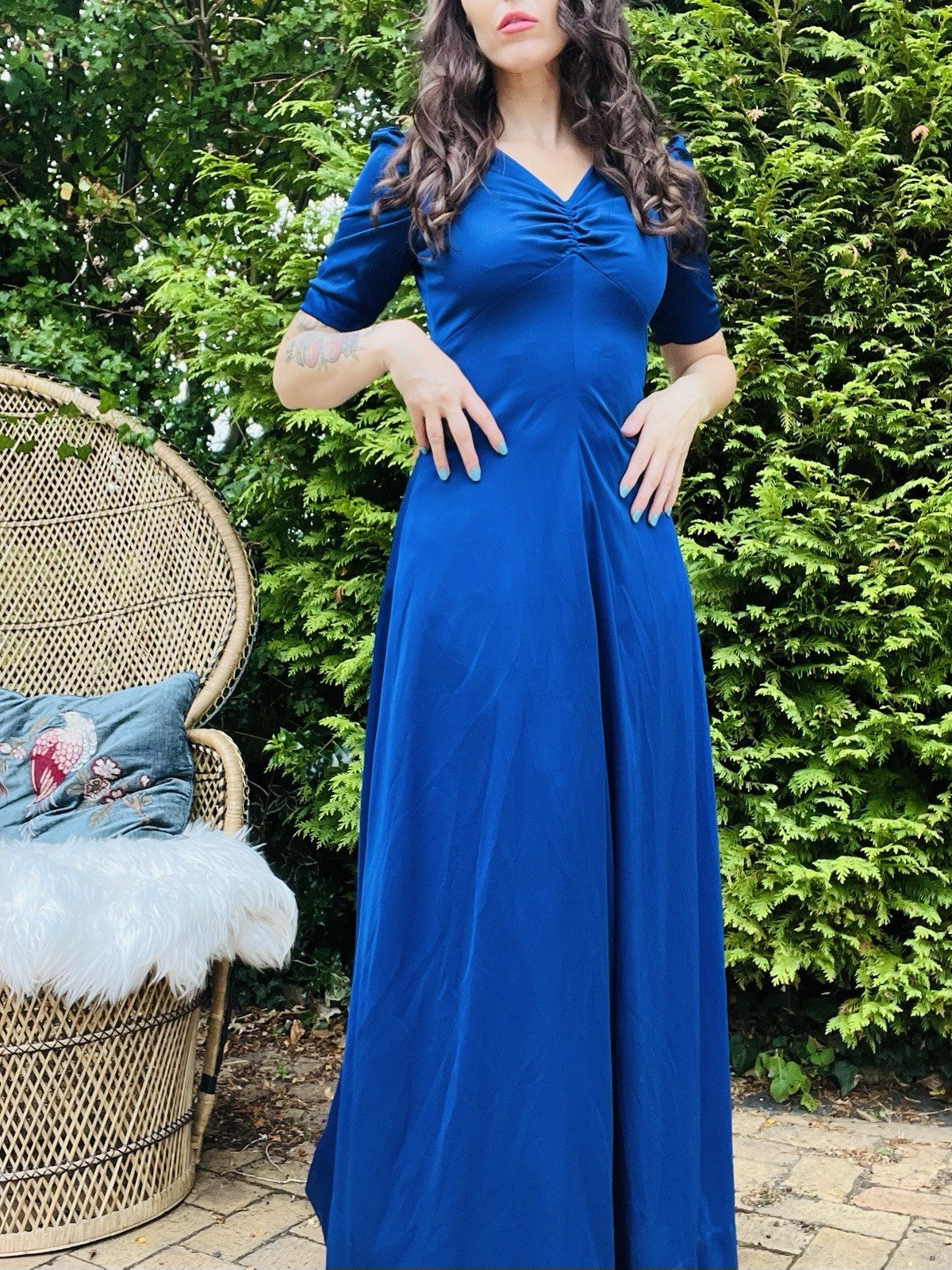 Vintage 1970s Maxi Dress, Short Sleeves Long Length Rouched Bust Dress - Blue 10