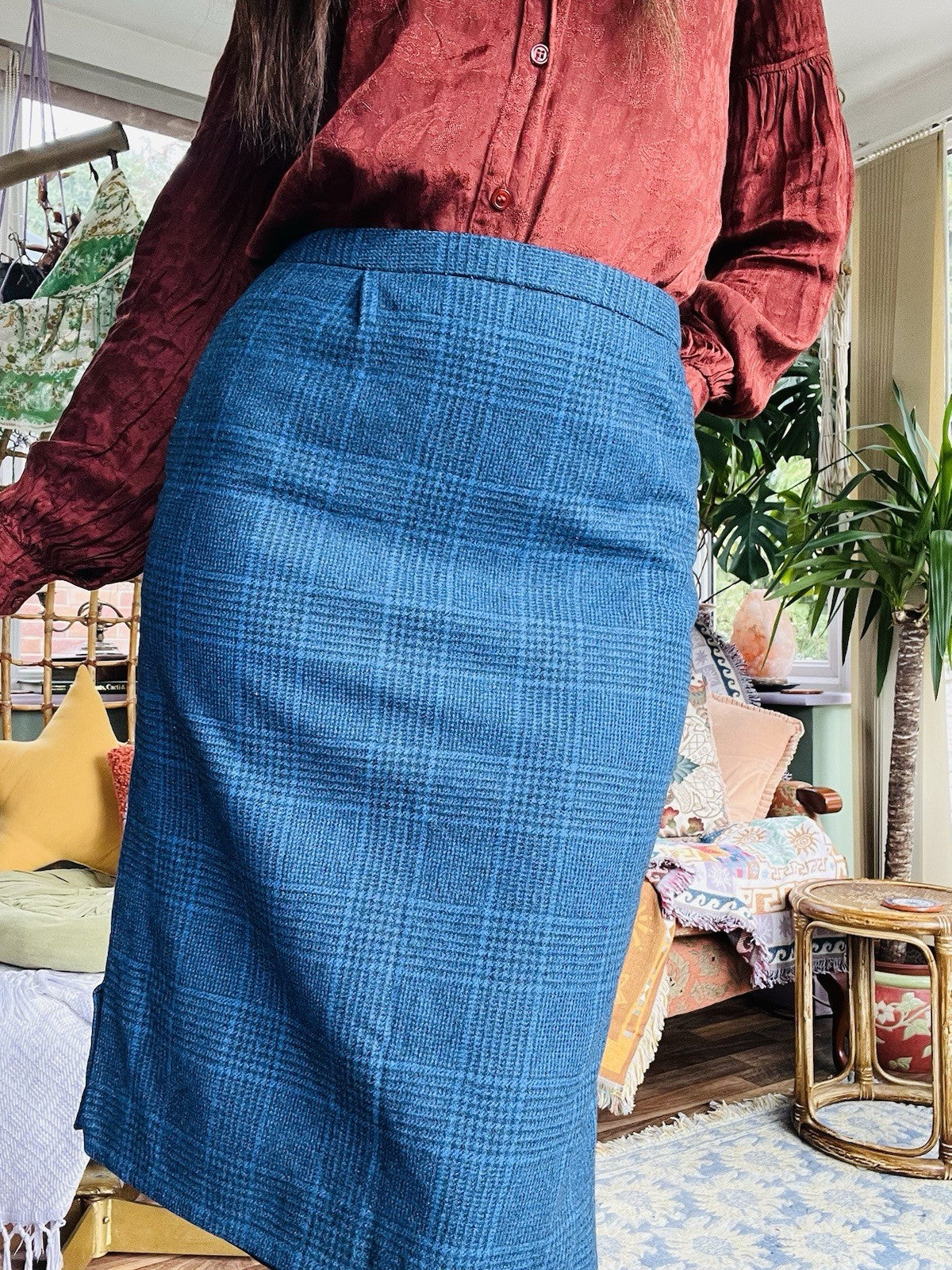 Vintage 1980s Office Skirt, High Waist Midi Length Check Work Wear Size 12 Blue