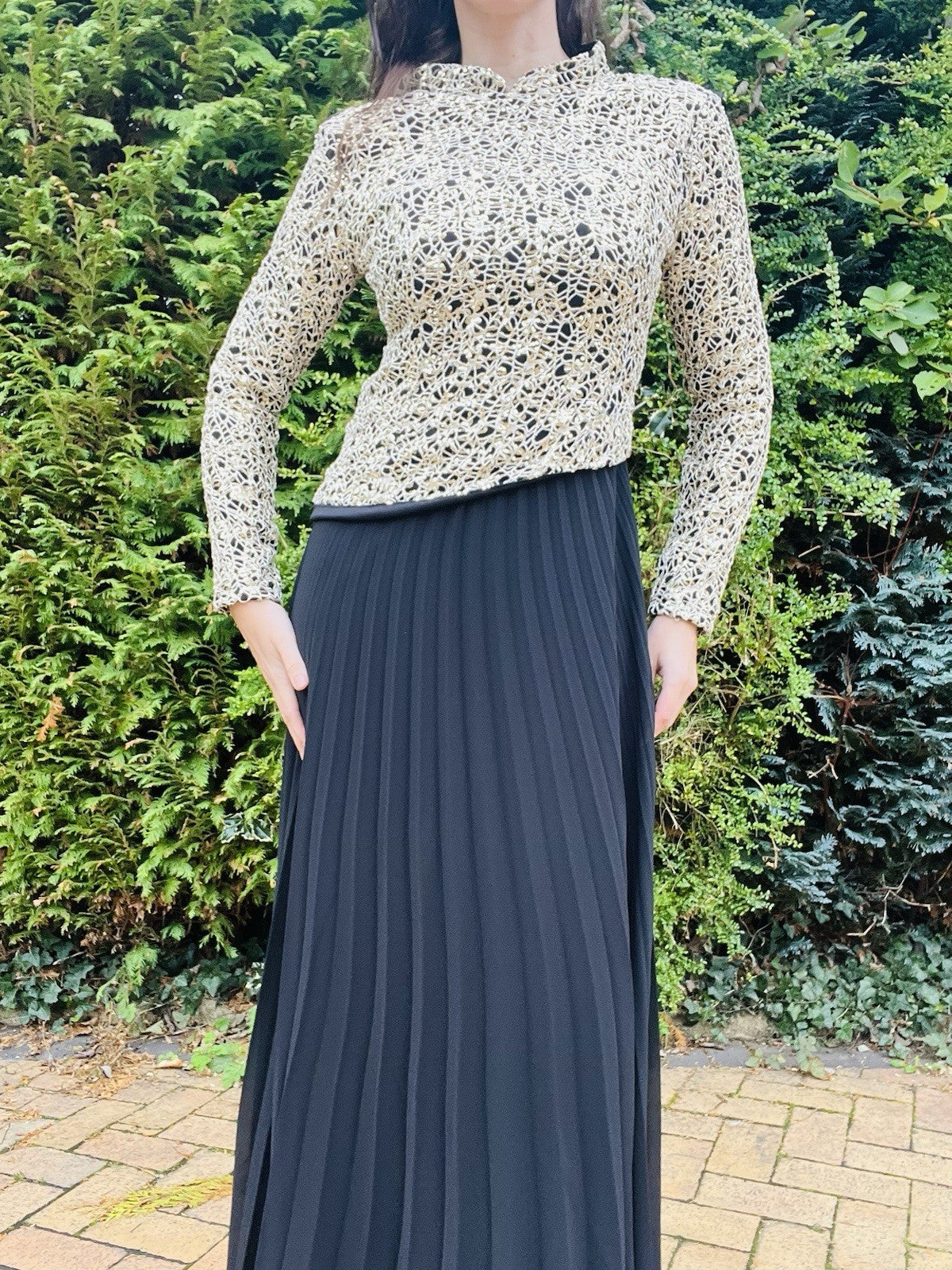 Vintage 1980s Cocktail Dress, Long Sleeve Sparkly Bodice, Pleated Skirt Size 10