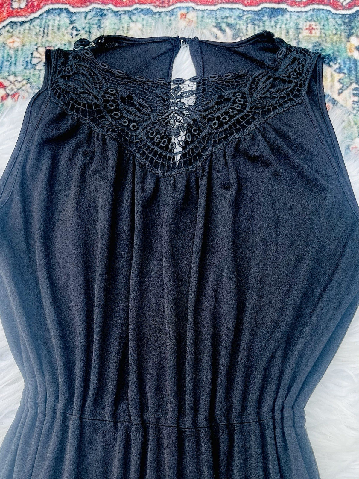 Vintage 1970s Maxi Dress Long Floaty Whimsigoth Dress With Lace Detail Black 10
