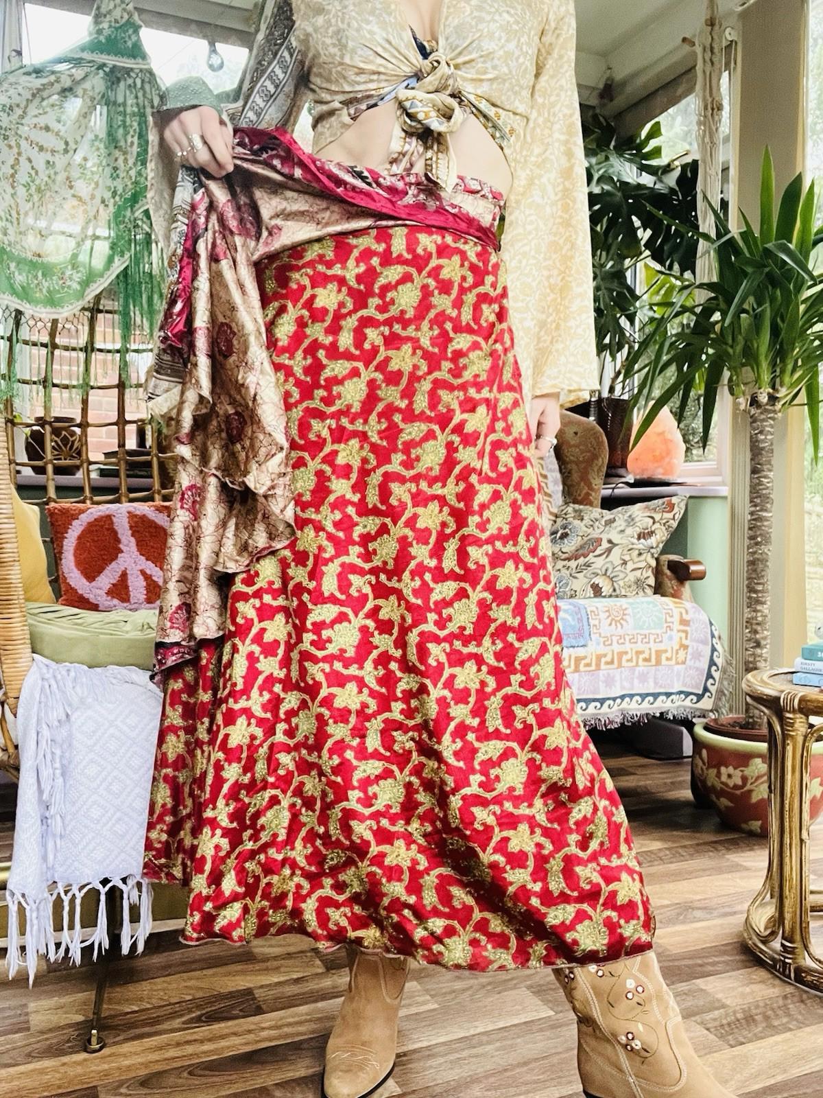 Layered Hippie Maxi Skirt Vintage Sari Silk Hippie Boho Long Gypsy Wrap Skirt
