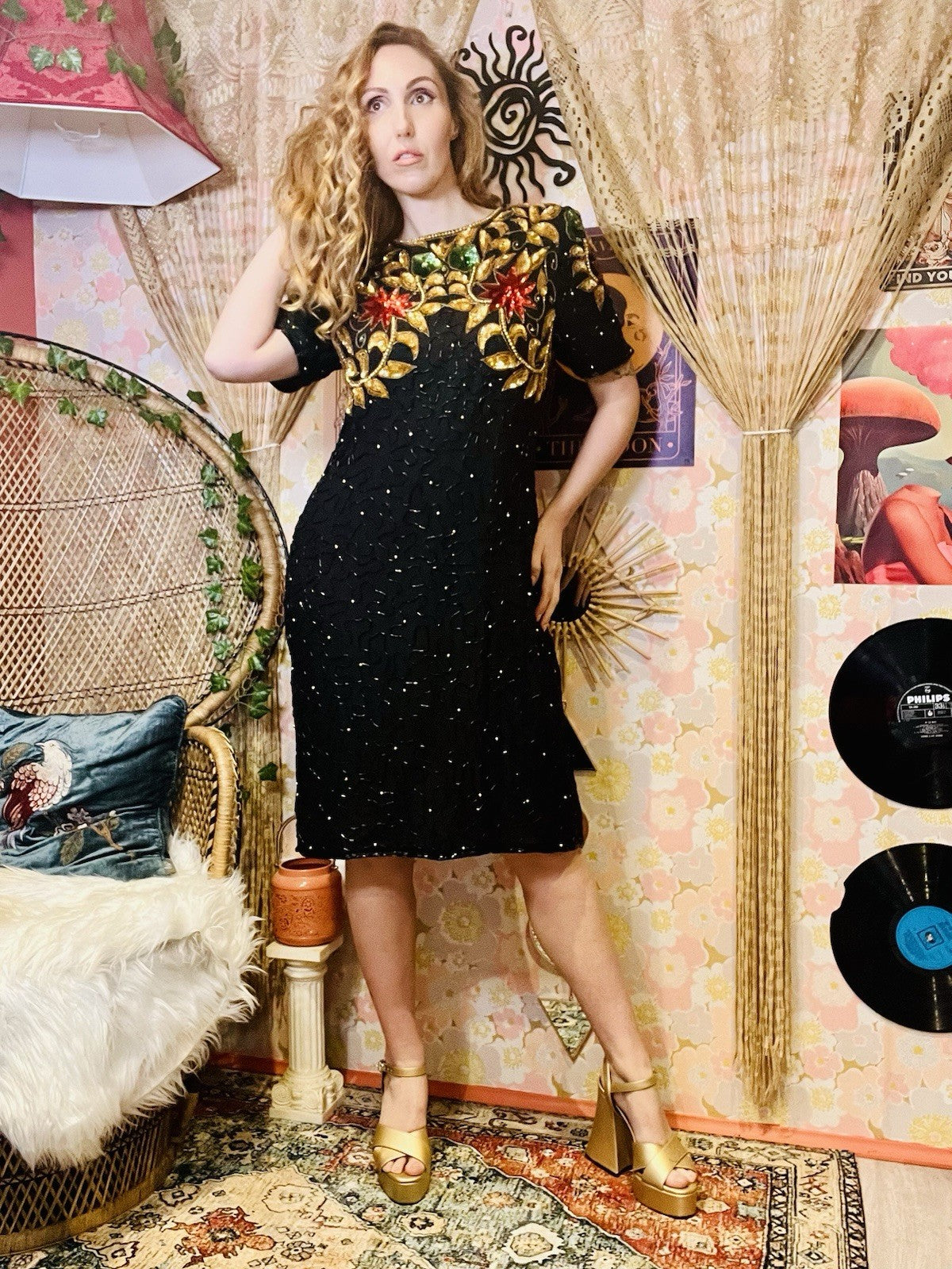 Vintage 1980s beaded Dress By Barkha Pure Silk Embellished Sequin Dress Black M