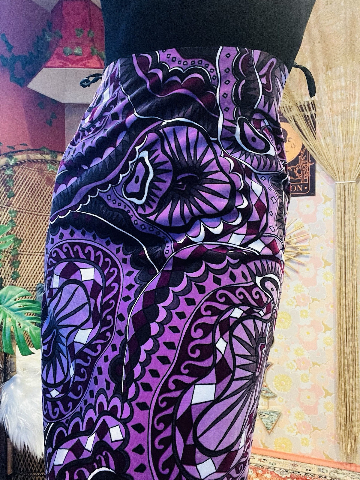 Vintage 1960s Psychedelic Dress Retro Long Maxi Velvet Dress Black Purple 10