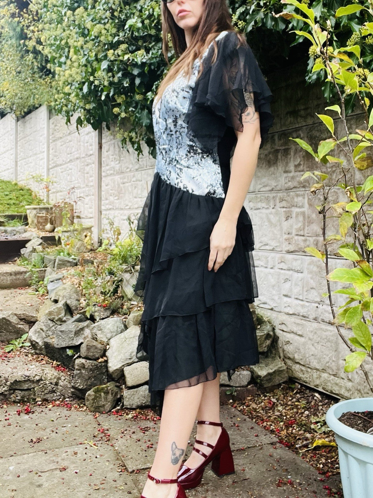 Vintage 1980s Party Dress Black Size 14-16 Frilly Floaty Layered Skirt
