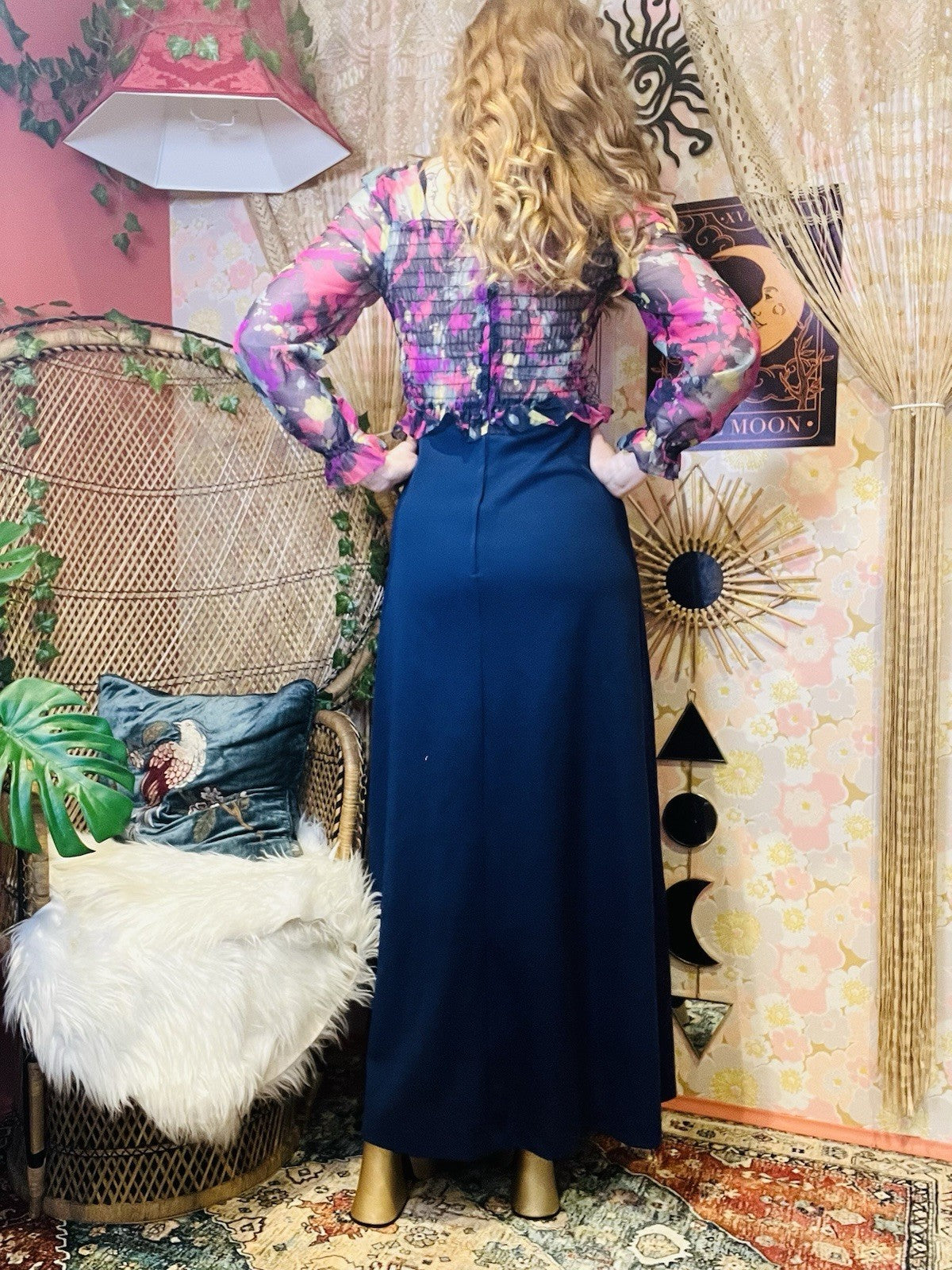 Vintage 1980s Maxi Dress Sheer Peplum Long Sleeve Square Neckline Blue Size 12