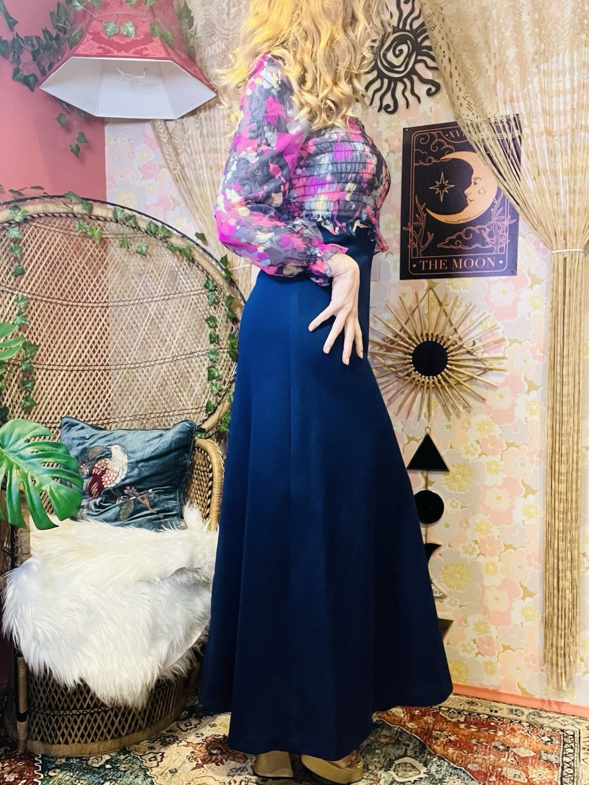 Vintage 1980s Maxi Dress Sheer Peplum Long Sleeve Square Neckline Blue Size 12