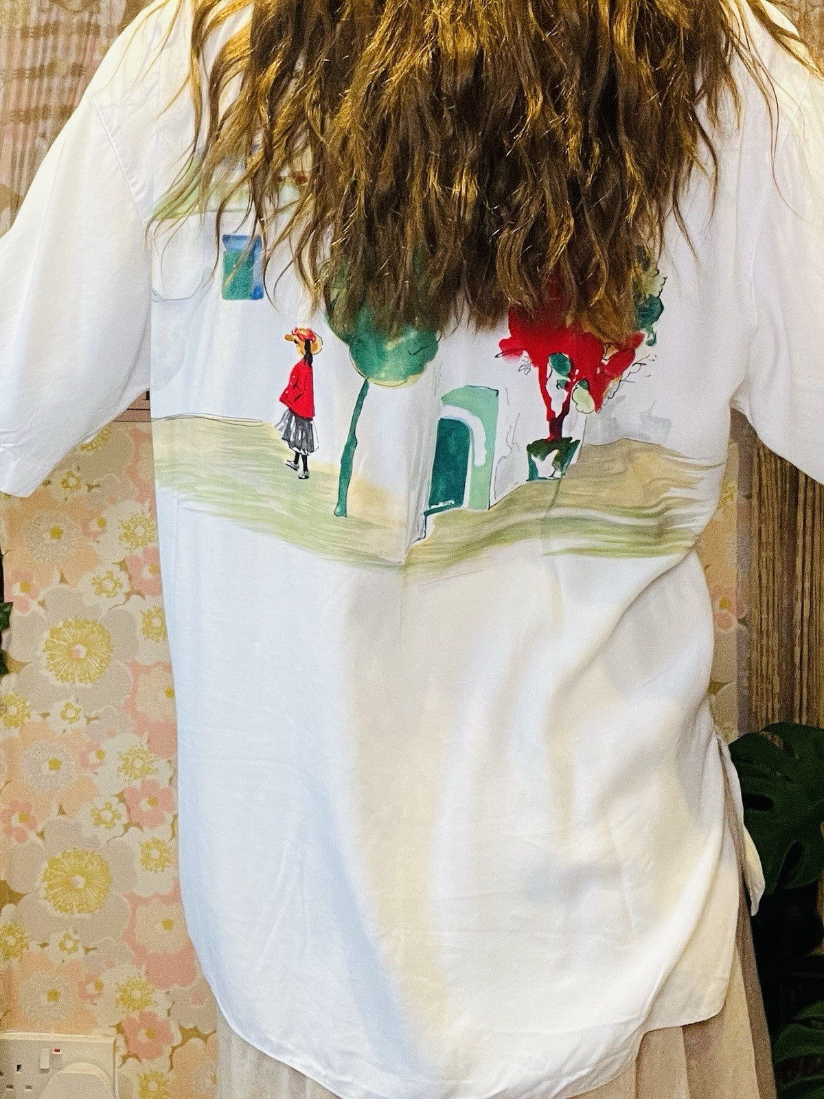 Vintage 1980s Blouse Shirt Watercolour Painting Oversized Baggy Top White 12