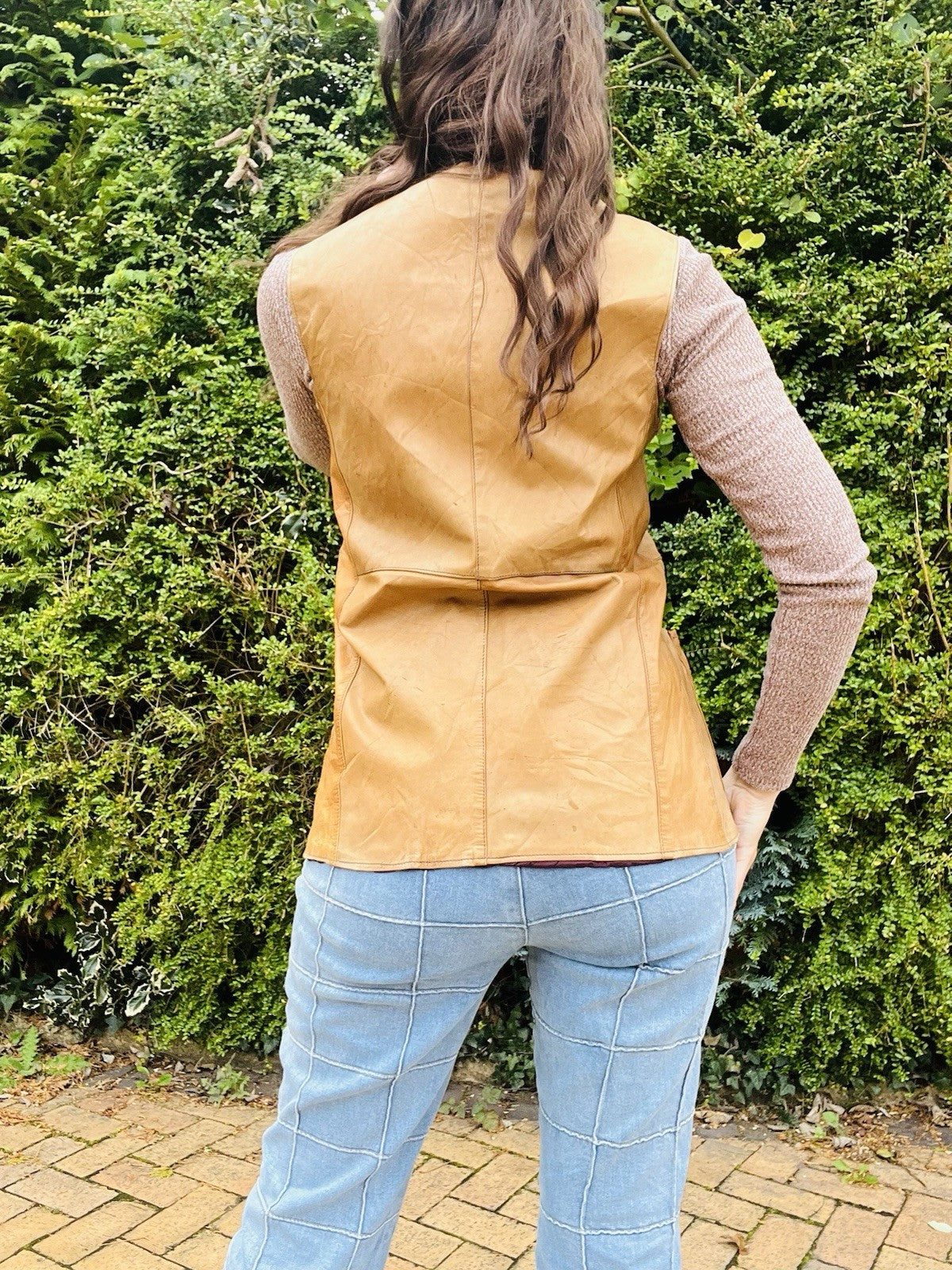Vintage 1970s Leather Waistcoat, Tan Gilet With Pockets, Unisex Size S 8-10