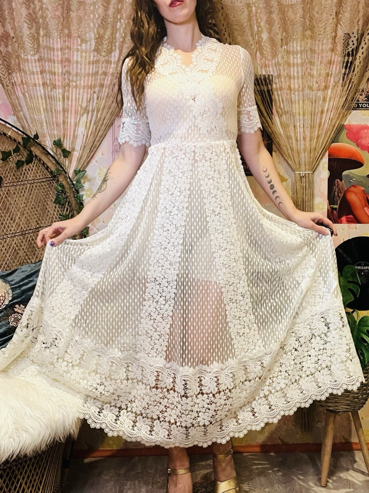 Designer Lace Sheer Dress By Maje Boho Bohemian Summer Festival V Neck 8-10