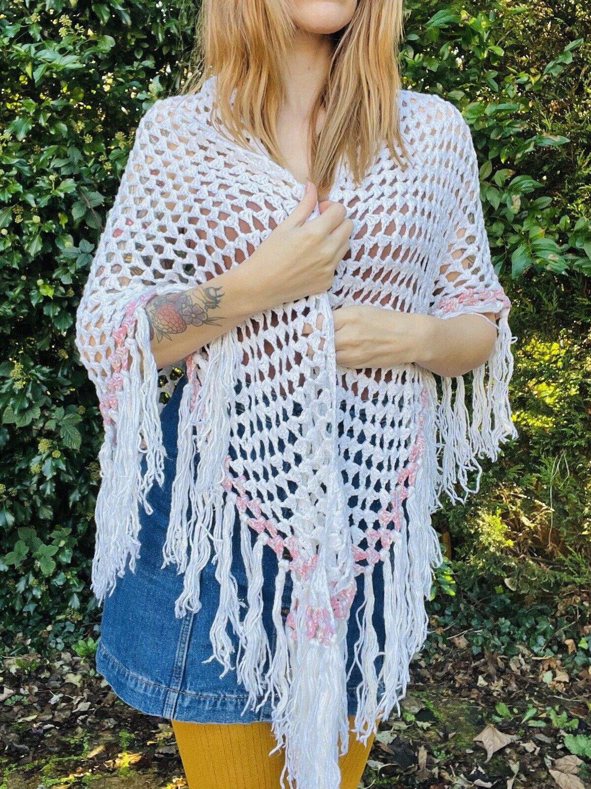 Vintage Boho Crochet Shawl Hippie Triangle Knit Wrap Cape Cottage Whimsy Scarf