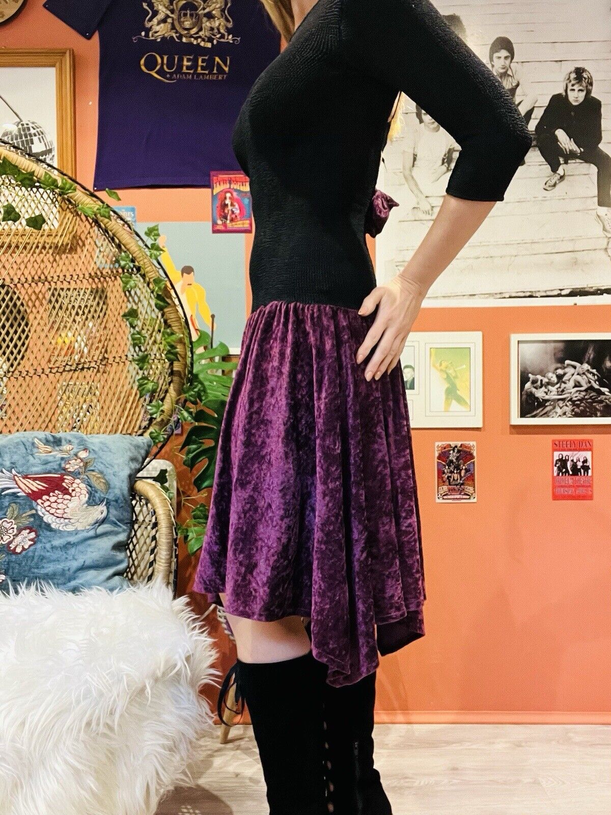 Vintage 90s Velvet Dress By Crystal Whimsigoth Low Back & Bow Black Purple 8-10
