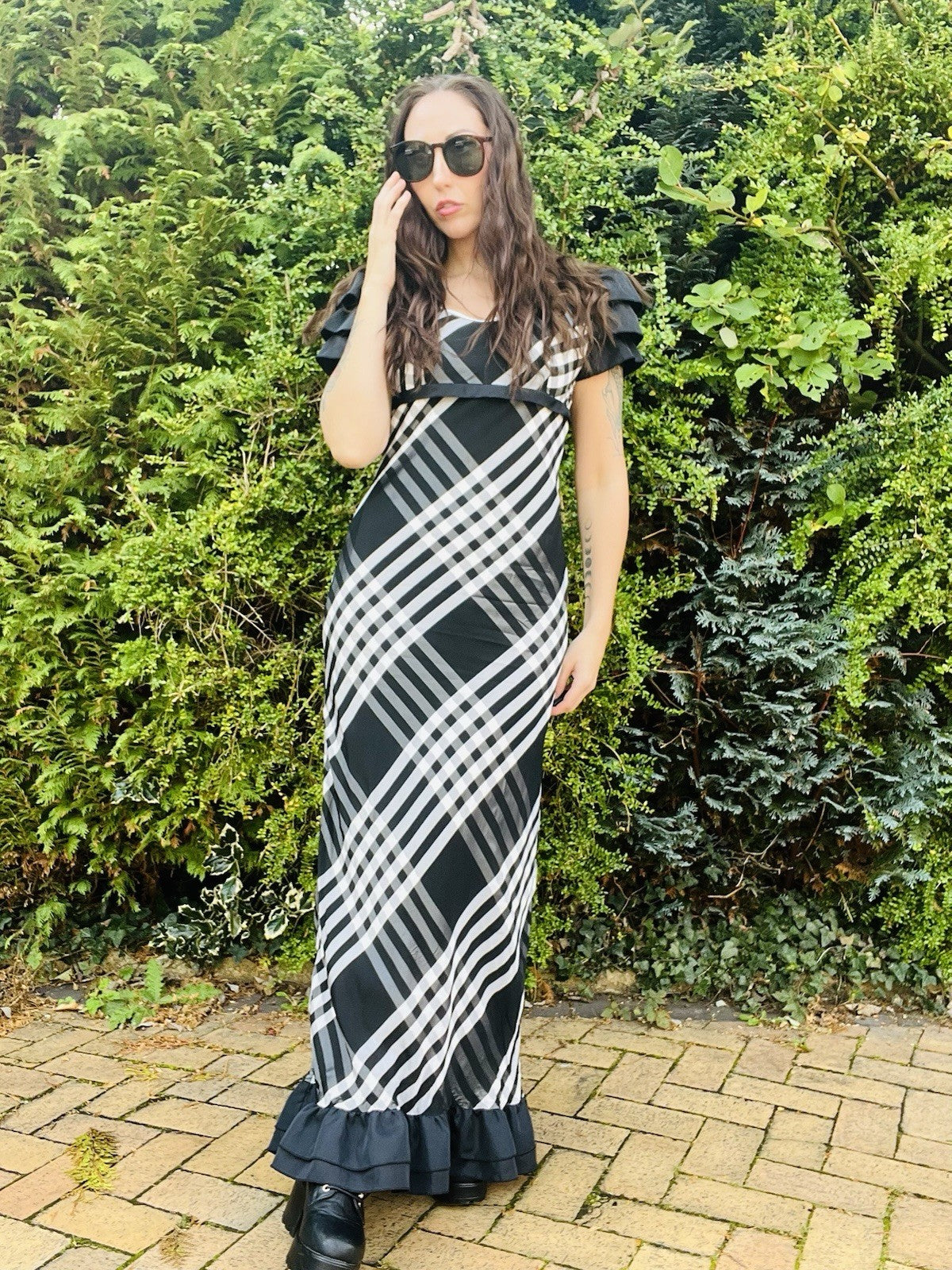 Vintage 1970s Long Dress, Empire Waist Tartan Plaid Frilly Maxi Dress Size 10-12
