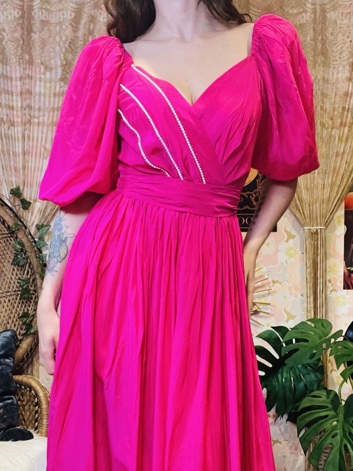 Vintage 1980s Puff Sleeve Dress And Tie Waist Hot Pink Cocktail Gown Size 8