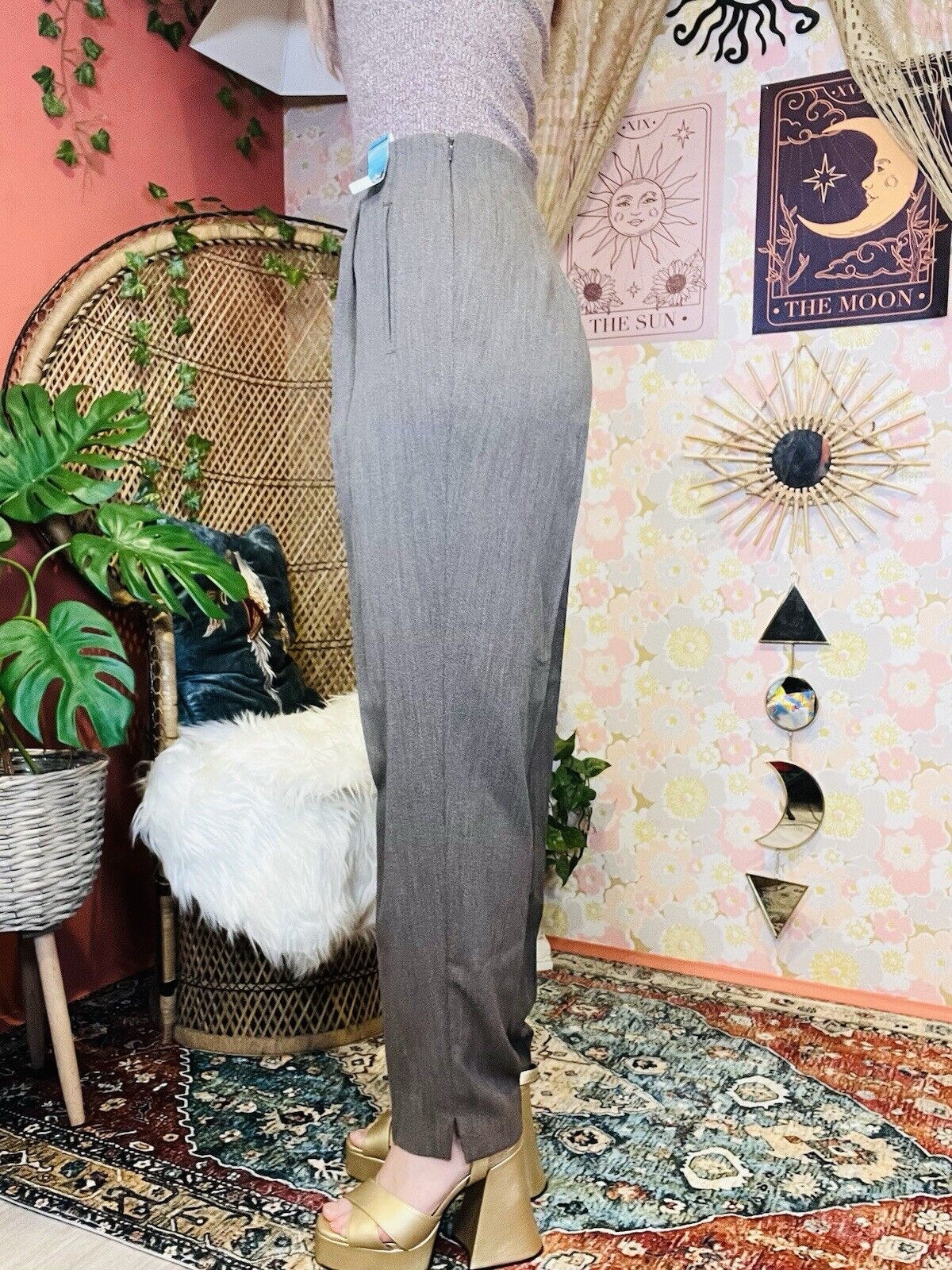 Vintage 80s Work Trousers By St Michael Tailored Tapered Long Leg Grey/beige 10