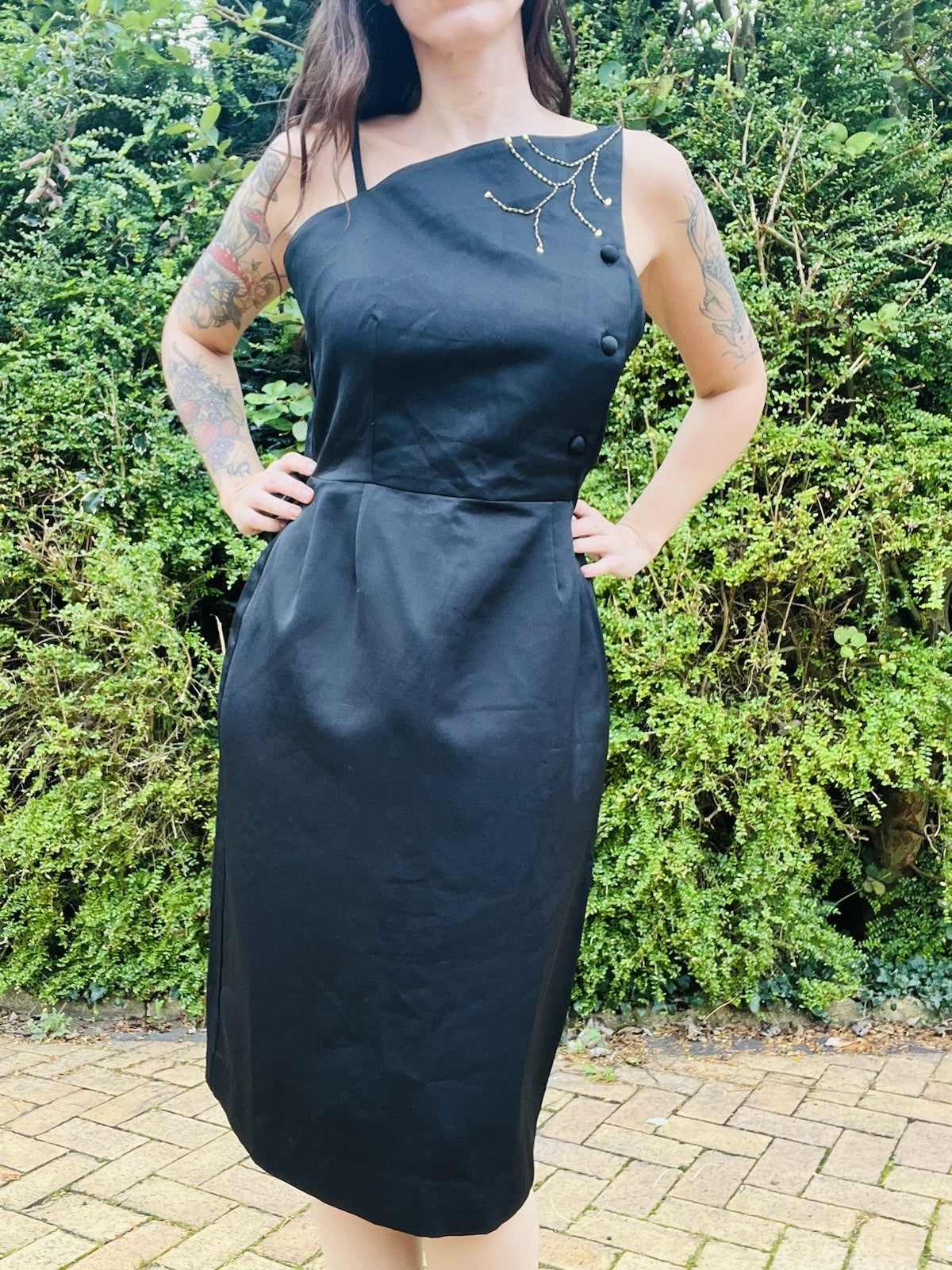 Vintage 1980s Cocktail Dress, Asymmetric Neckline And Cinched Waist Black 12