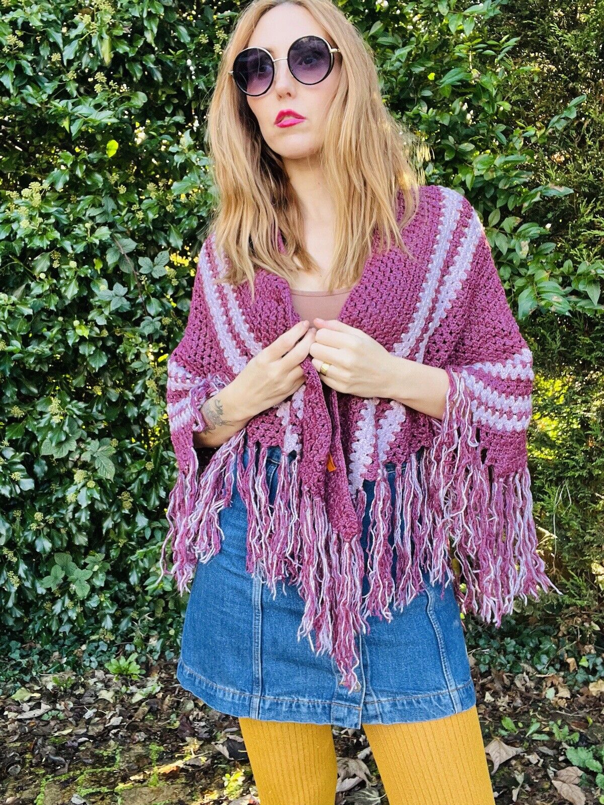 Vintage Boho Crochet Shawl Hippie Triangle Knit Wrap Cape Cottage Whimsy Scarf