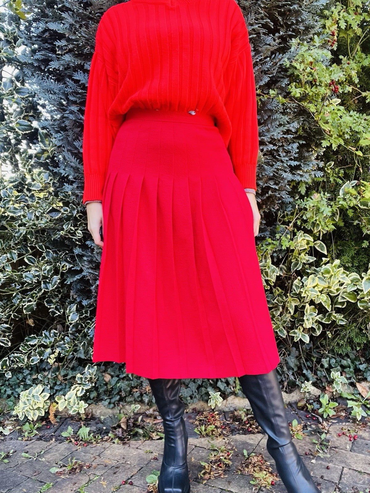 Vintage 1980s Pleated Skirt, High Waist Red Midi Kilt Style Skirt Size 8