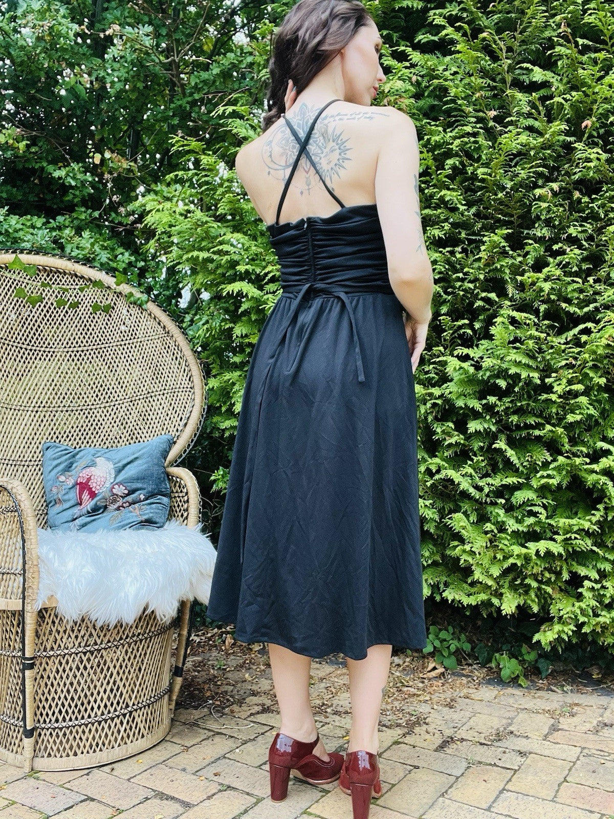Vintage 1980s Party Dress Black Floaty Rouched Waist Strappy Dress Size 12