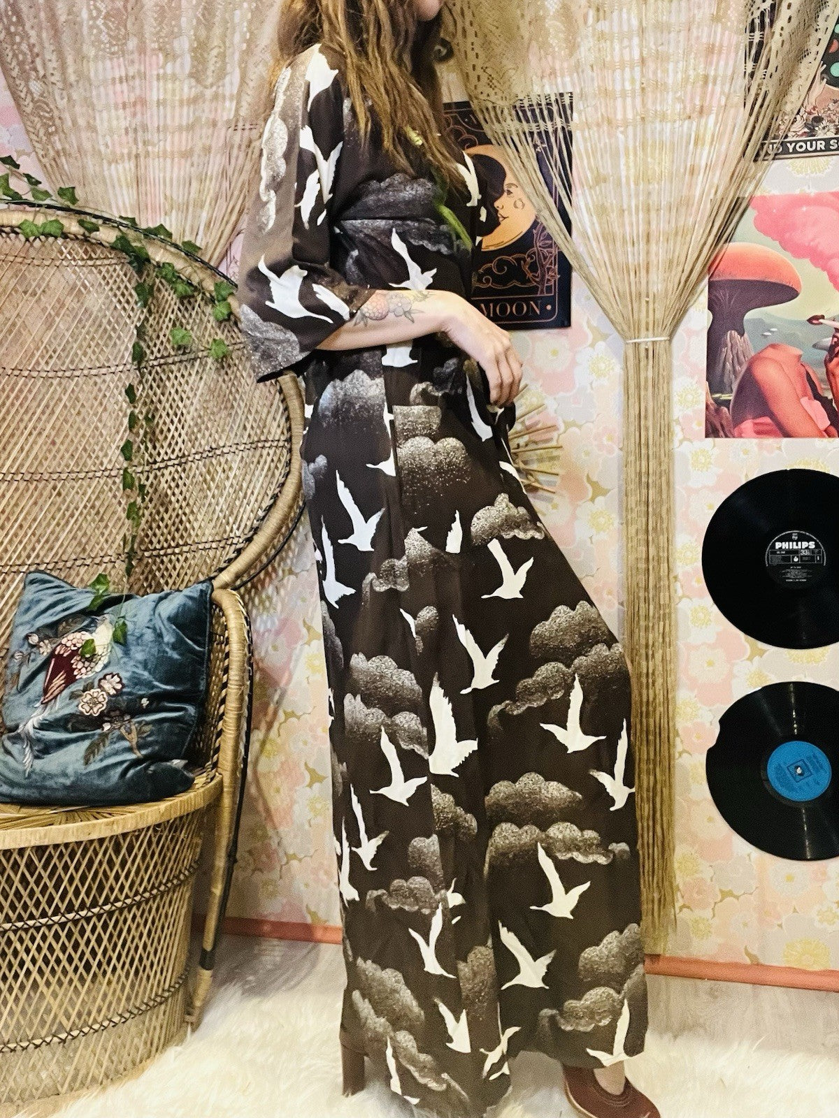 Vintage 1970s Maxi Dress Duster Retro Long Wrap Dress With Tie Belt Brown 10