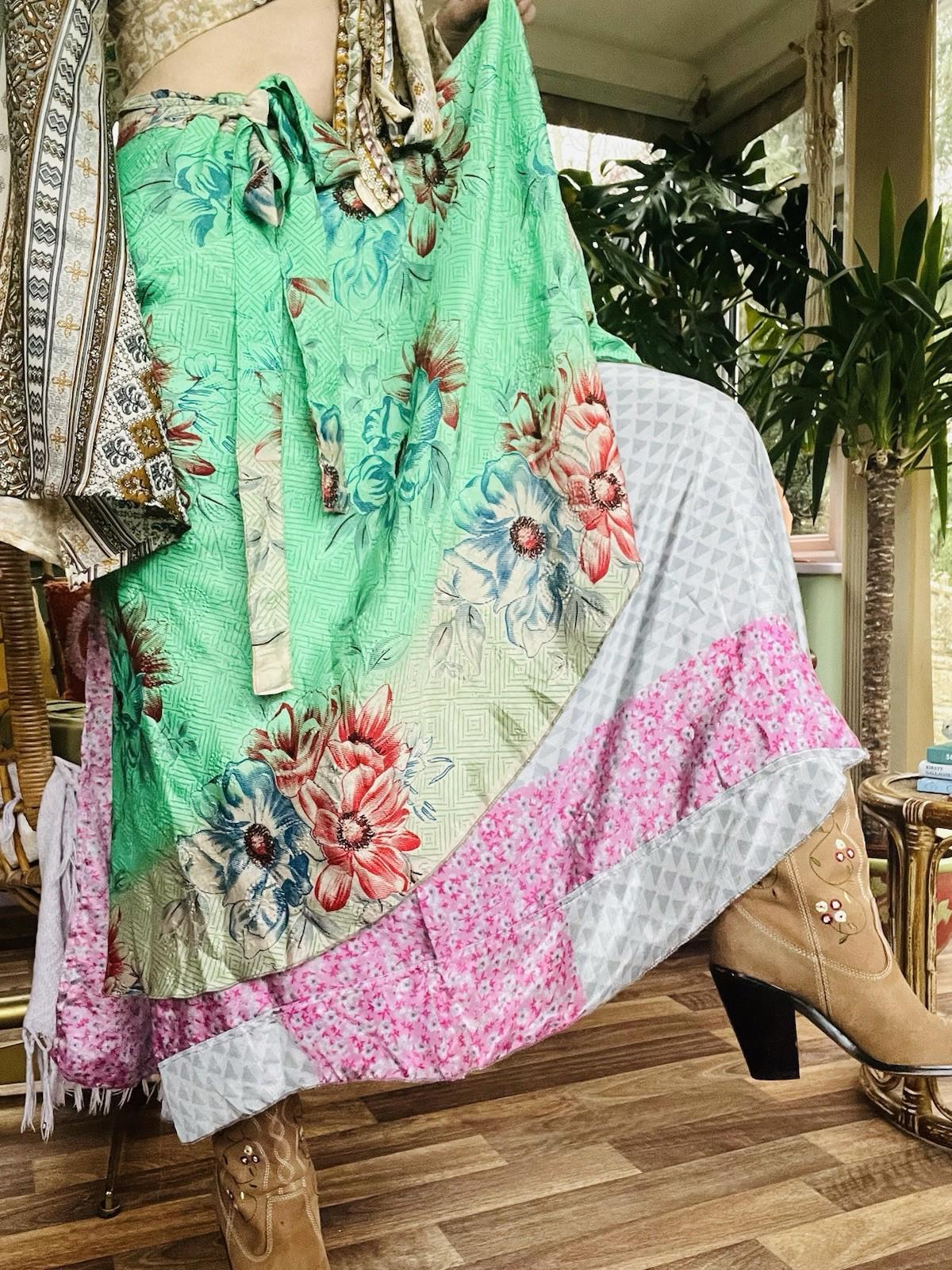 Layered Hippie Maxi Skirt Vintage Sari Silk Hippie Boho Long Gypsy Wrap Skirt