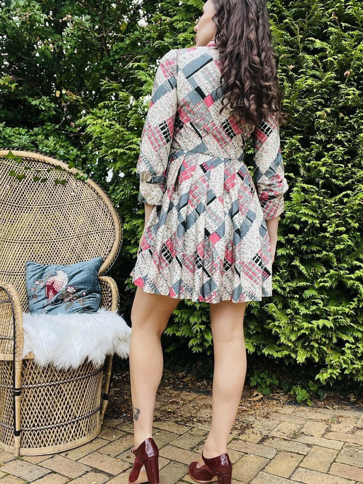 Vintage 1980s Pleated Dress, Short Length With Pussy Bow Tie Collar - Grey 10