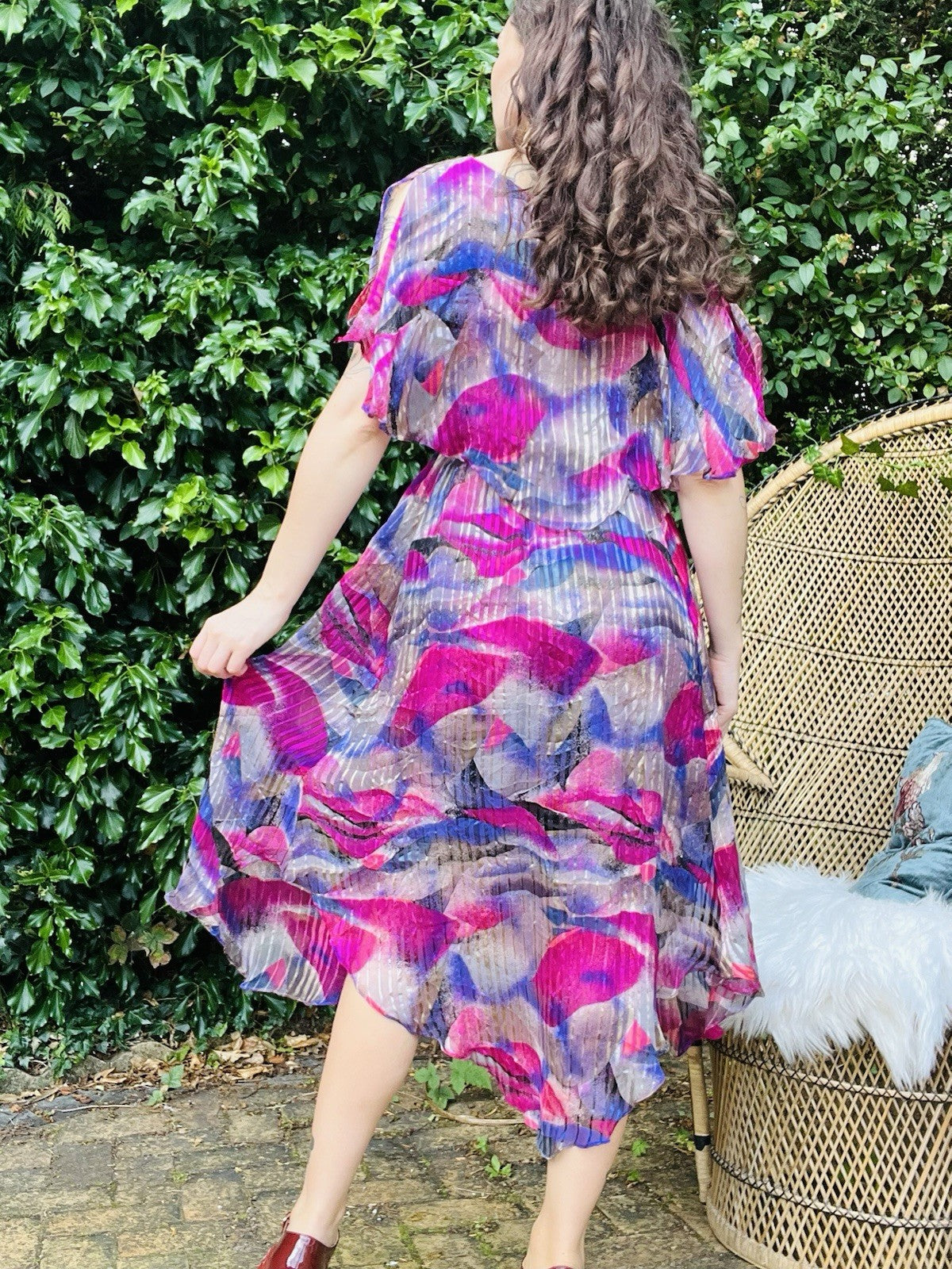 Vintage 1980s Floaty Dress With Cape Sleeves Bold Retro Pink And Purple Sheer 12
