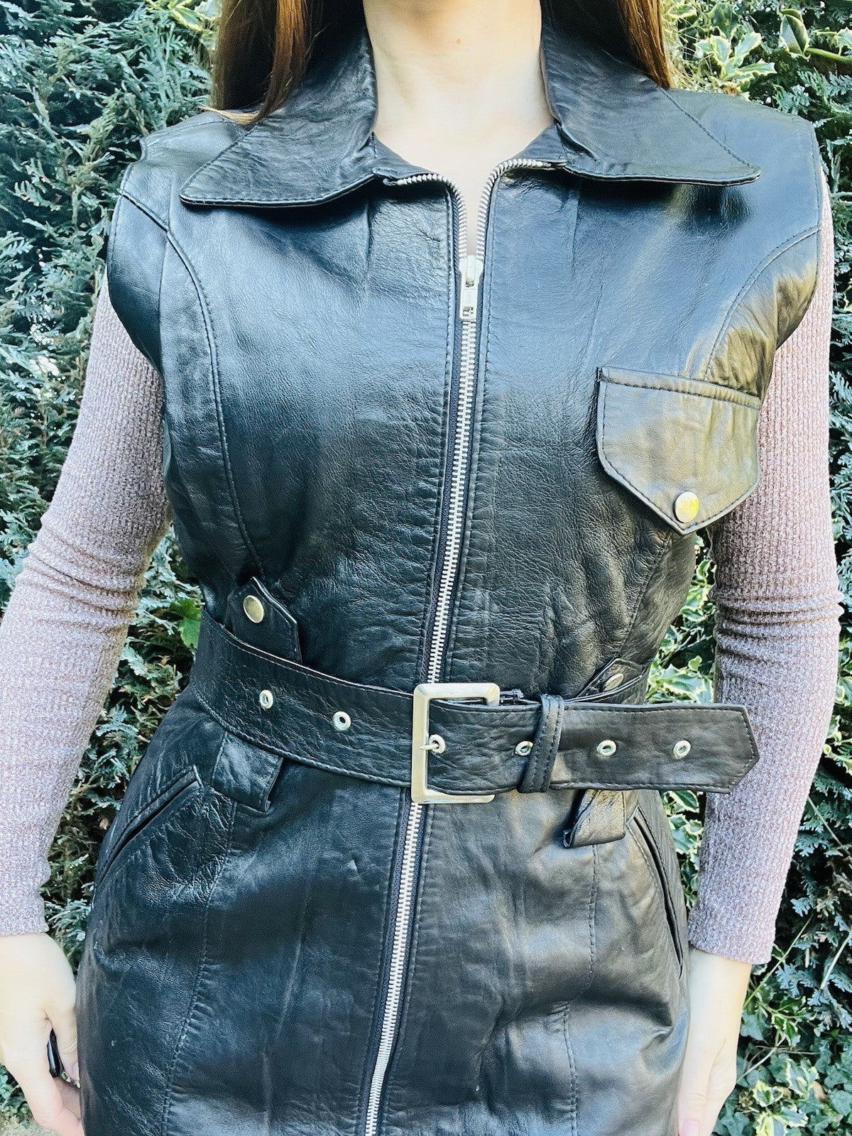 Vintage 70s 80s Leather Gilet, Retro Black Belted Sleeveless Jacket Size 10-12
