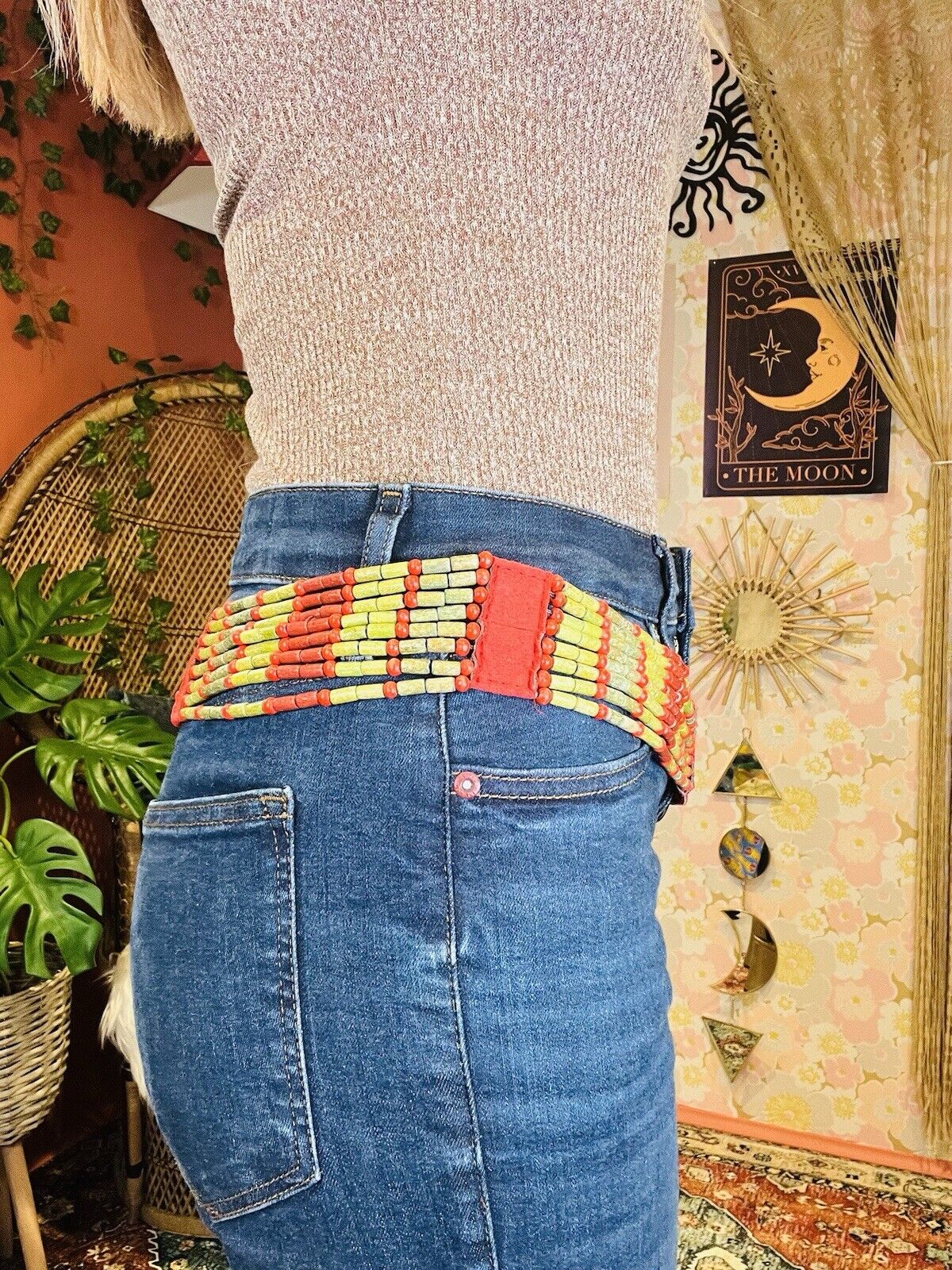 Vintage Boho Hippie Belt Beaded Rope Chain Waist Jewellery Red Green 35inch