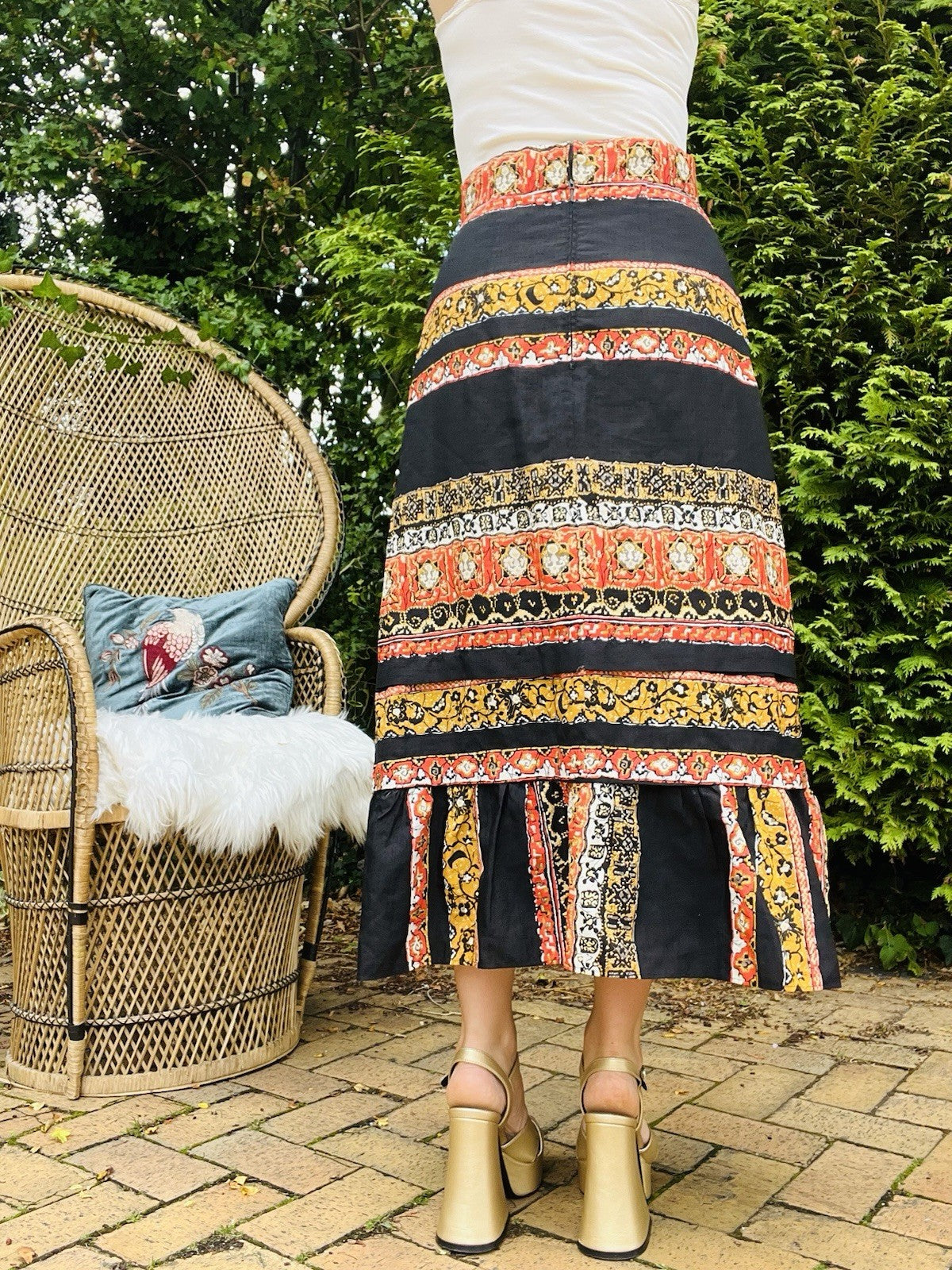Vintage 1980s Long Skirt High Waist Retro Print Frilly Hem Ankle Length Skirt 12