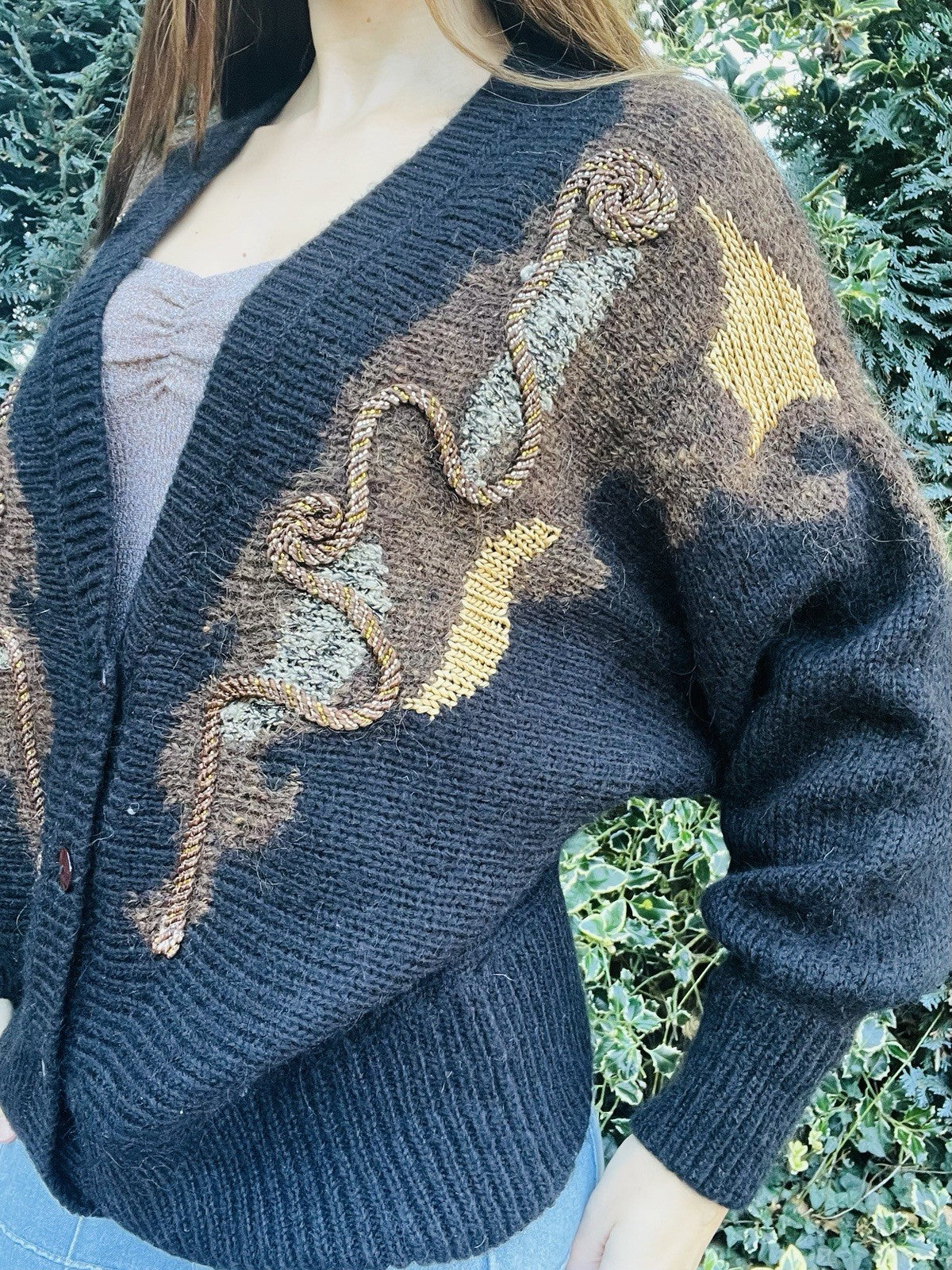 Vintage 1980s Knit Cardigan, Batwing Sleeve Warm Wool Blend Knitted Jumper 14-16