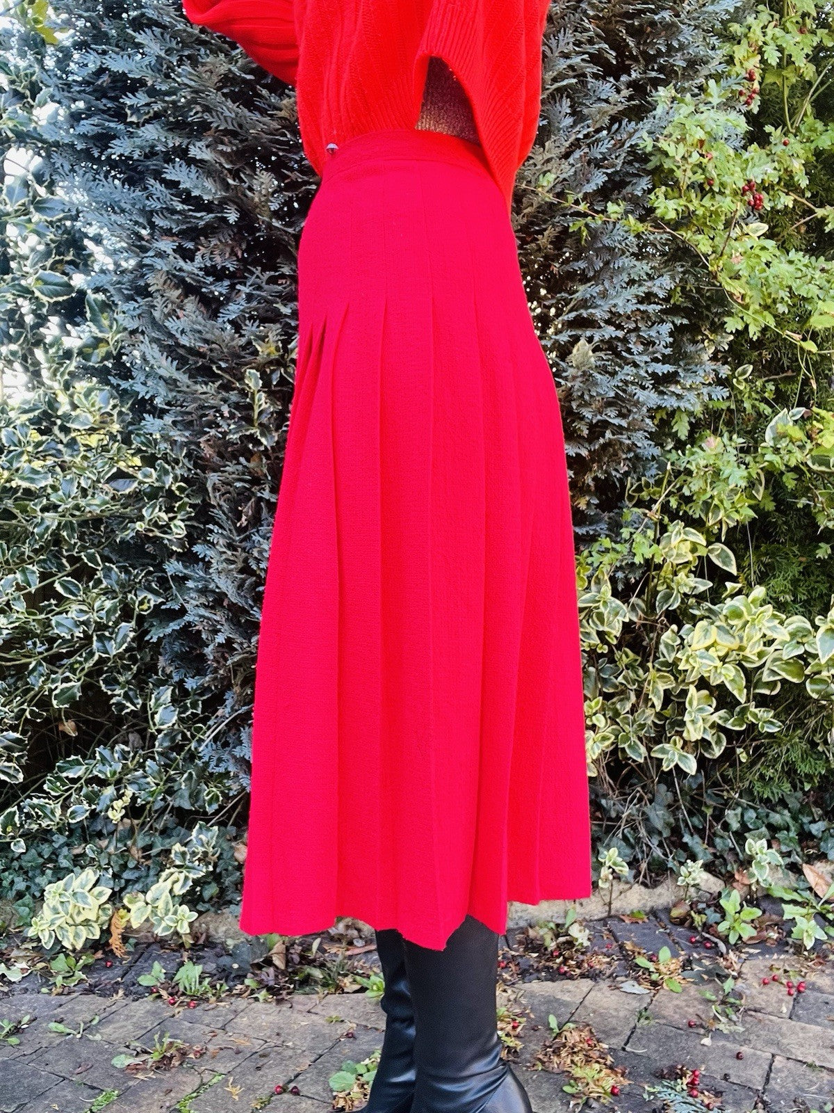 Vintage 1980s Pleated Skirt, High Waist Red Midi Kilt Style Skirt Size 8