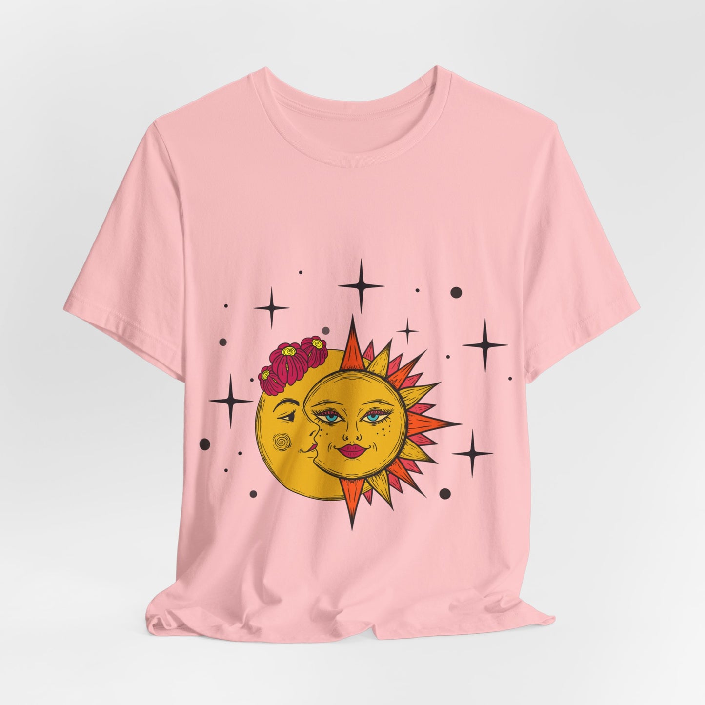 Celestial Sun and Moon Tshirt, Boho Stars and flowers Tee, Galaxy Graphic Shirt, whimsical Top