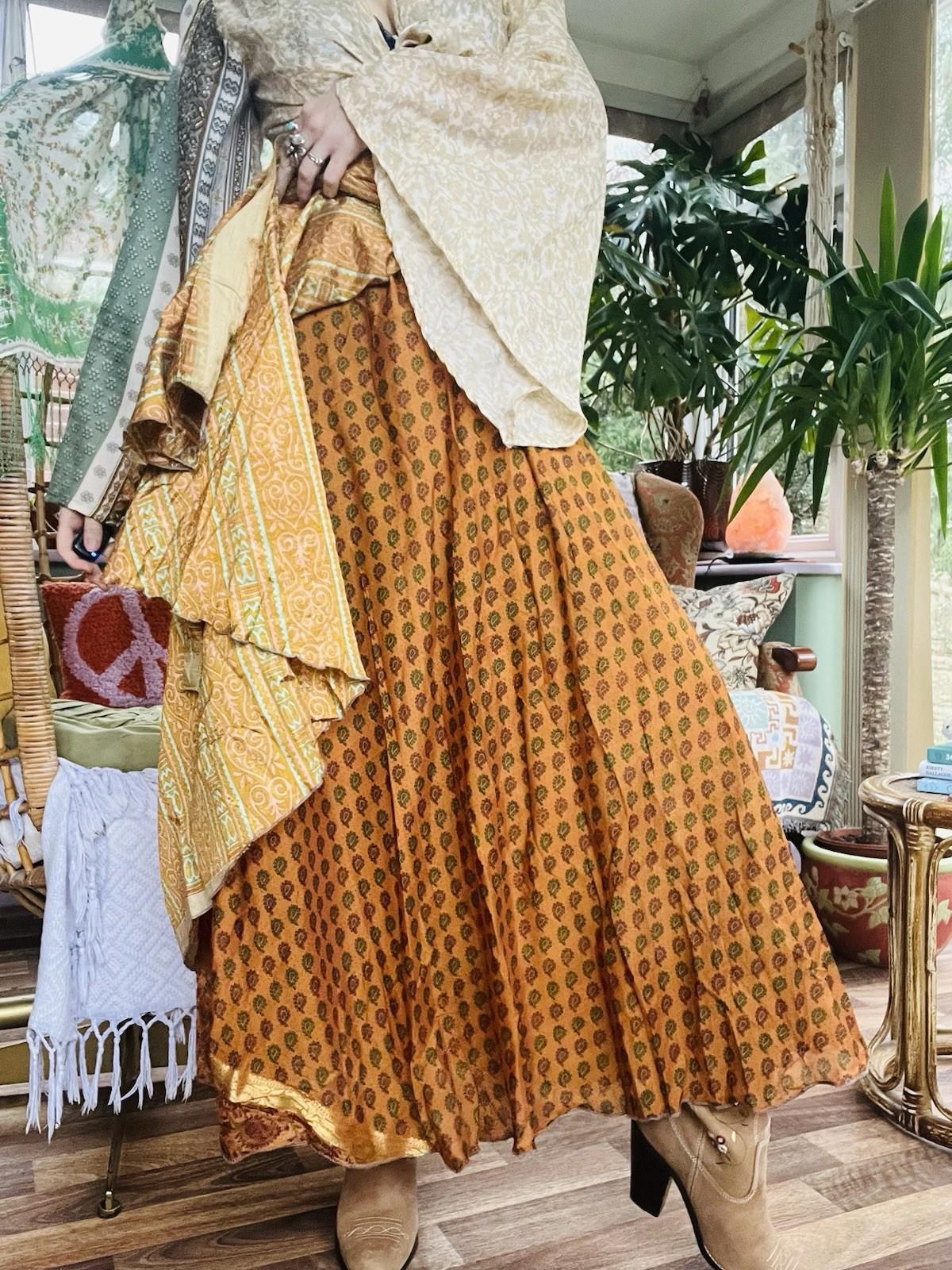 Layered Hippie Maxi Skirt Vintage Sari Silk Hippie Boho Long Gypsy Wrap Skirt