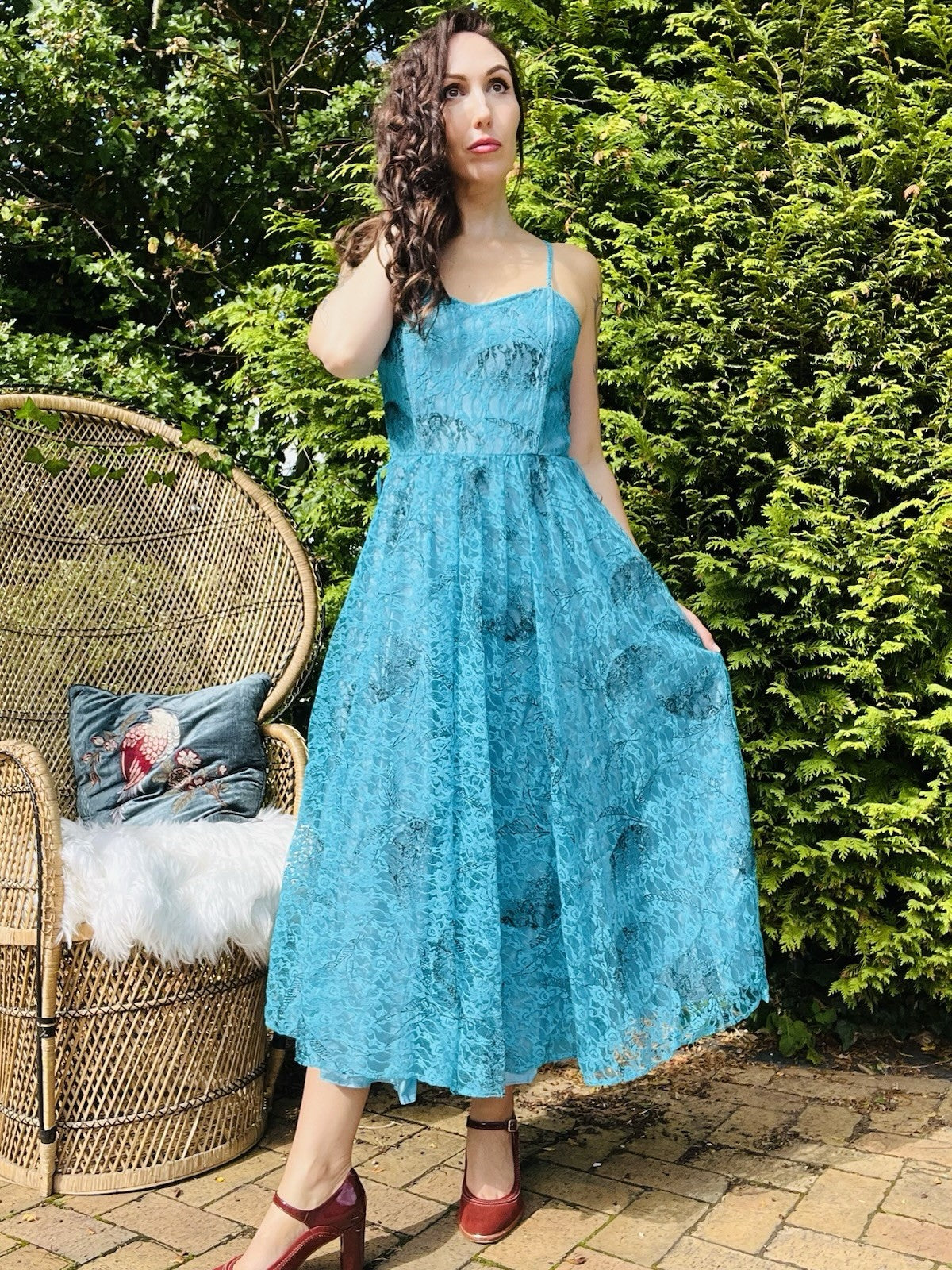 Vintage 1980s Party Dress, Strappy A-line With Floral Lace Overlay - Blue 10