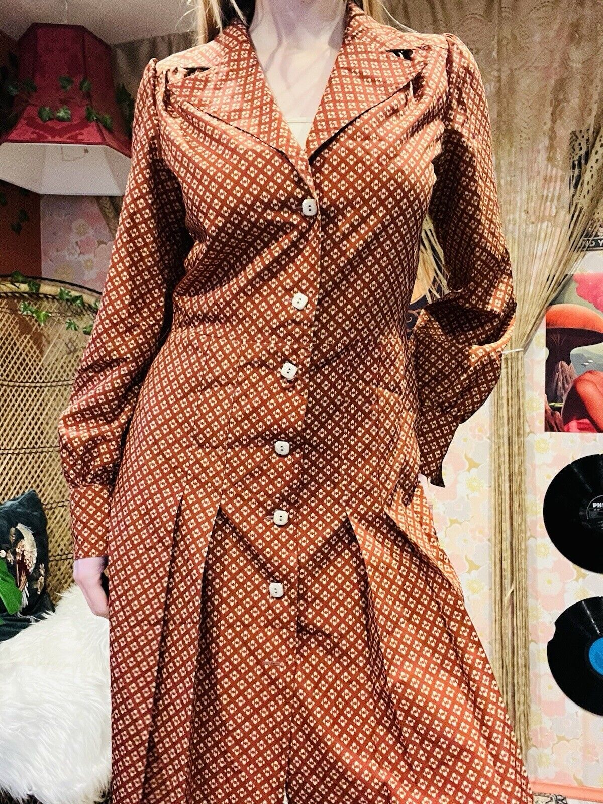 Vintage 1970s Shirt Dress Pleated A Line Collared Long Sleeves Office Work 12
