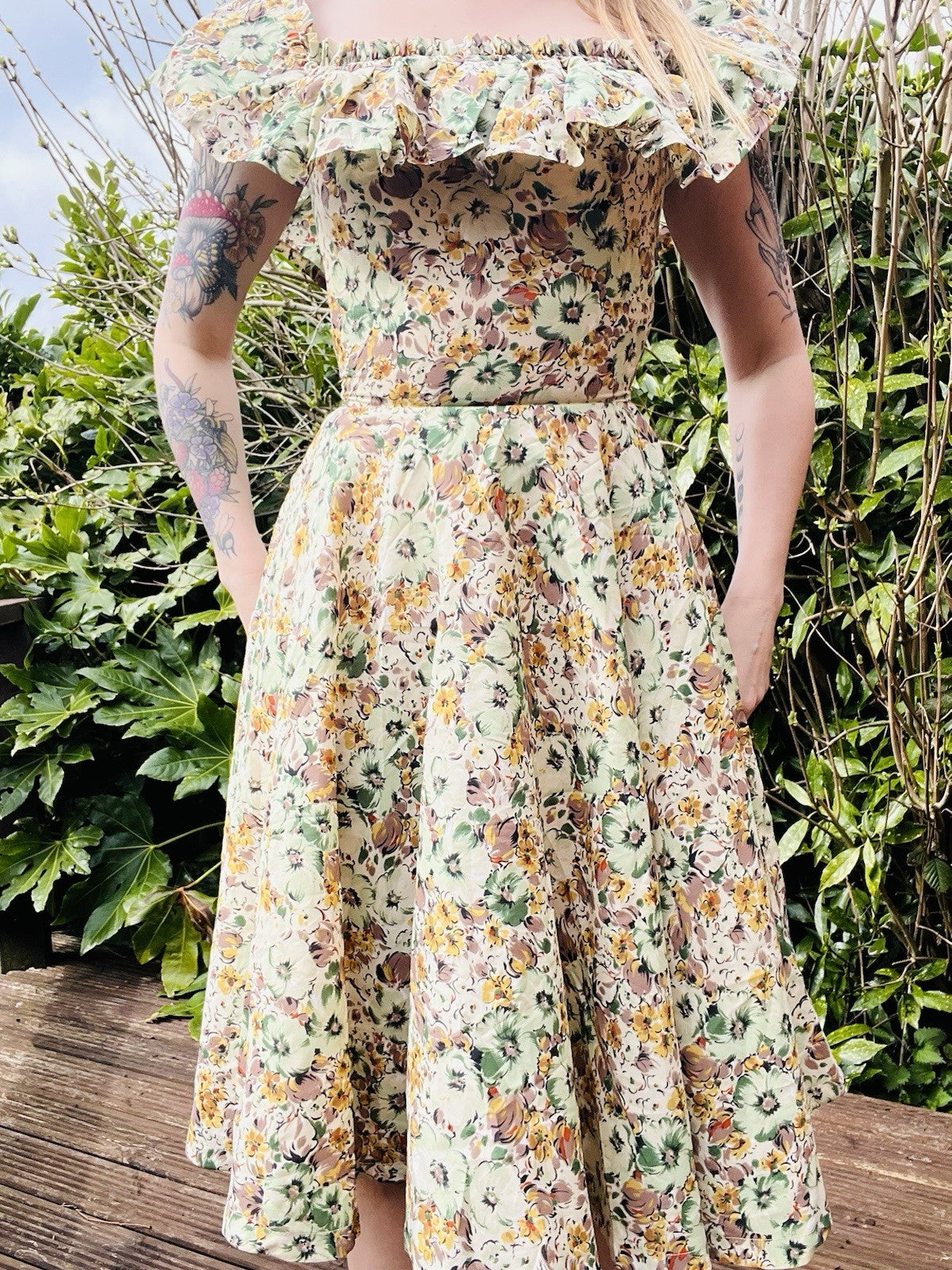 Vintage Floral Summer Dress Bardot Off Shoulder Ruffle Bustier Floaty Midi 6