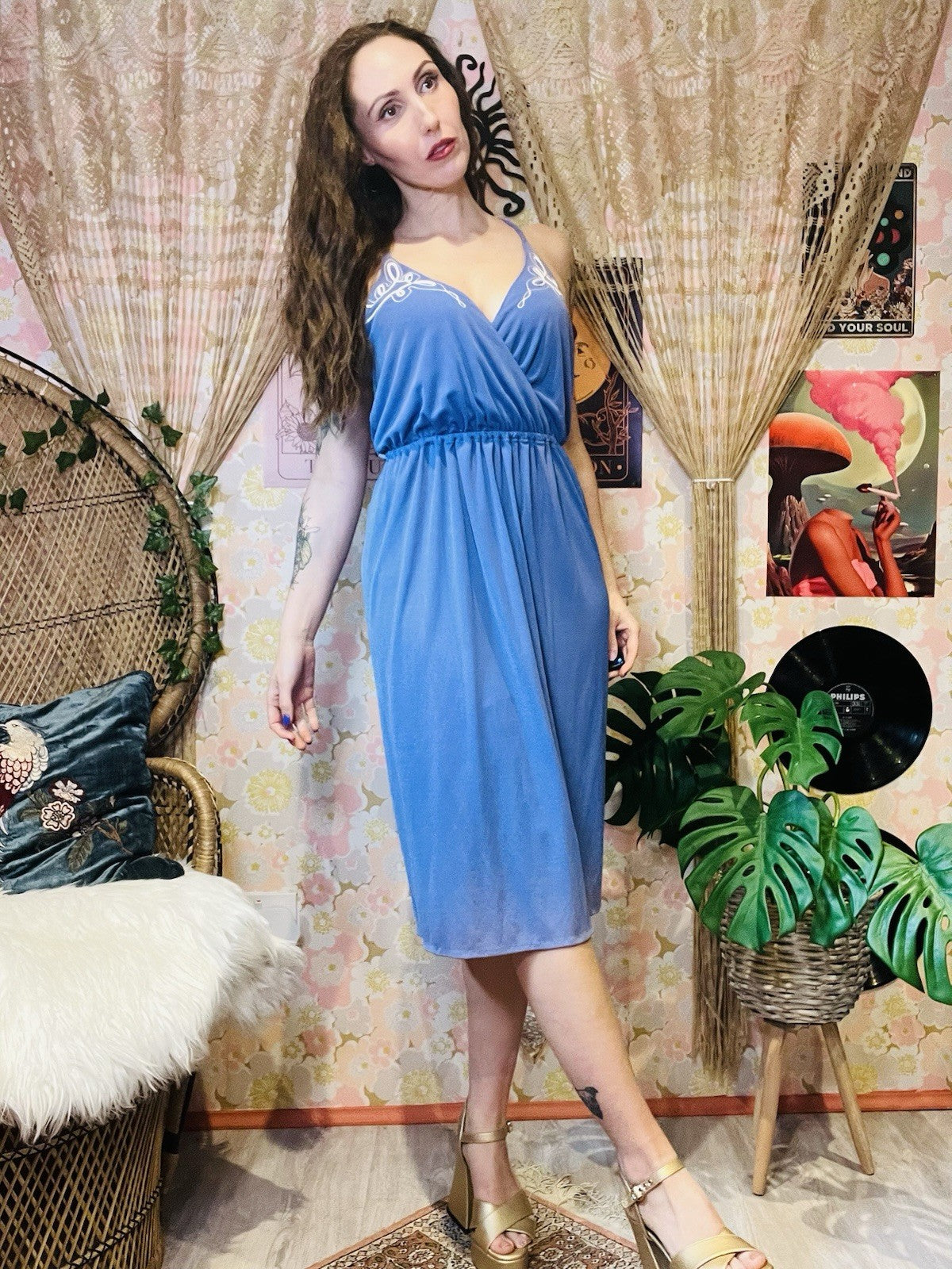 Vintage 1970s Summer Dress By Radley With Embroidered Detail Purple Size 10-12