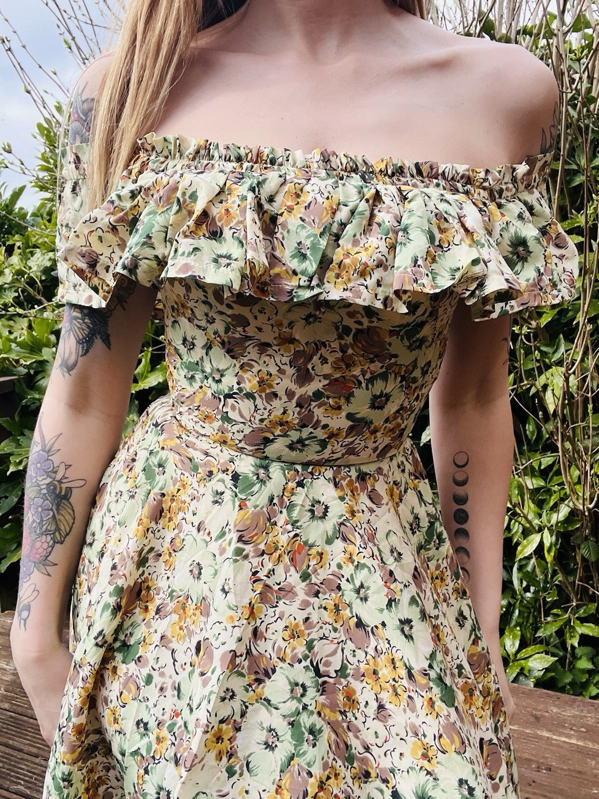 Vintage Floral Summer Dress Bardot Off Shoulder Ruffle Bustier Floaty Midi 6