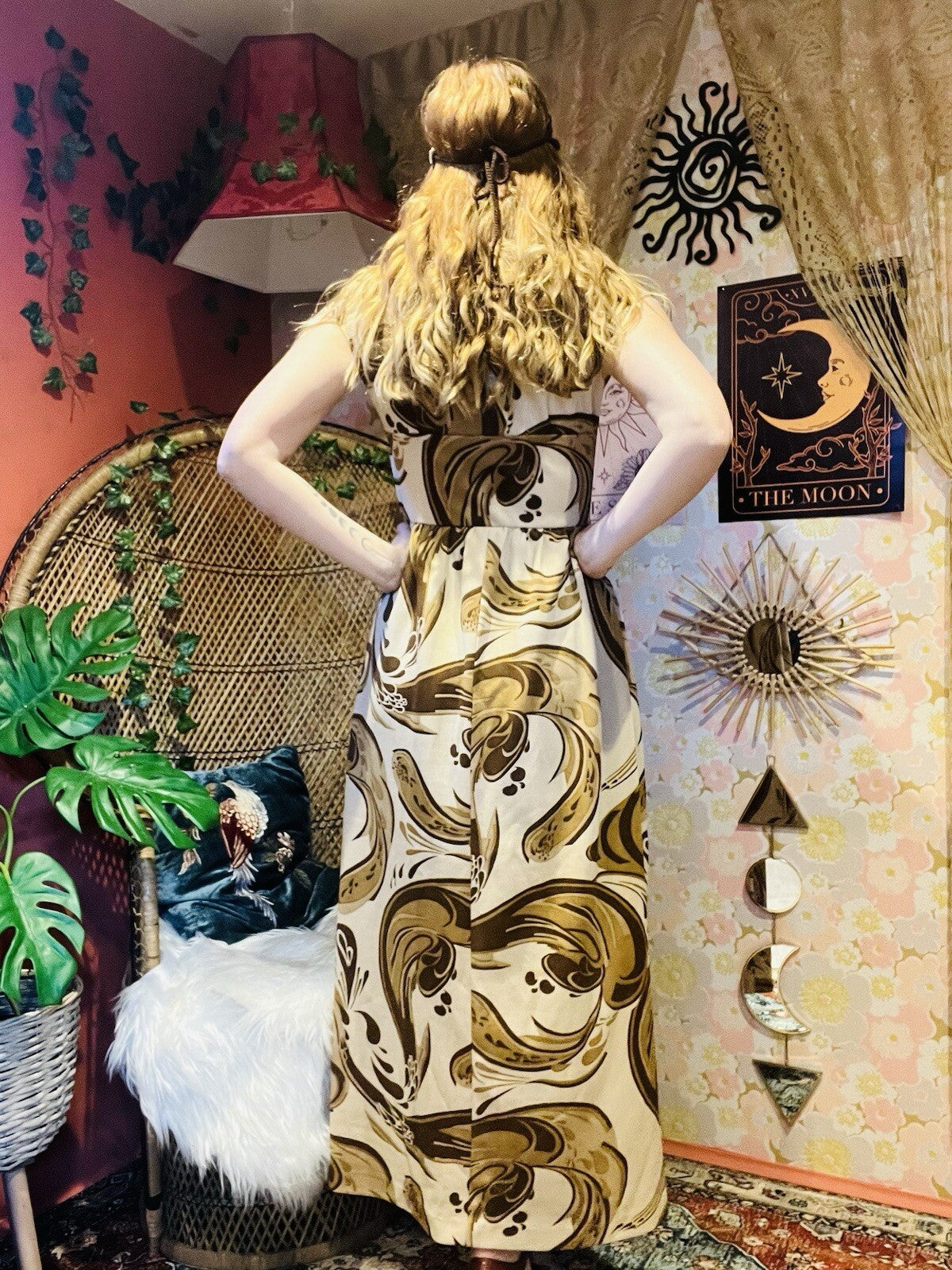 Vintage 1970s Maxi Dress Psychedelic Hippie Pattern By DK Modern Brown Size 10