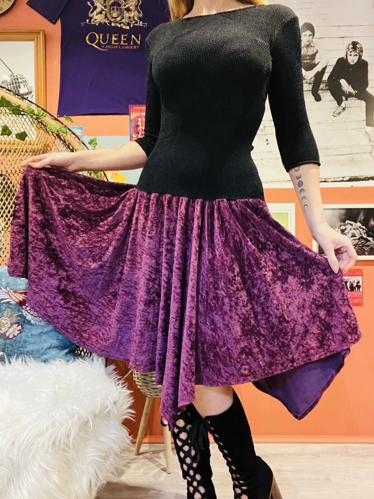 Vintage 90s Velvet Dress By Crystal Whimsigoth Low Back & Bow Black Purple 8-10