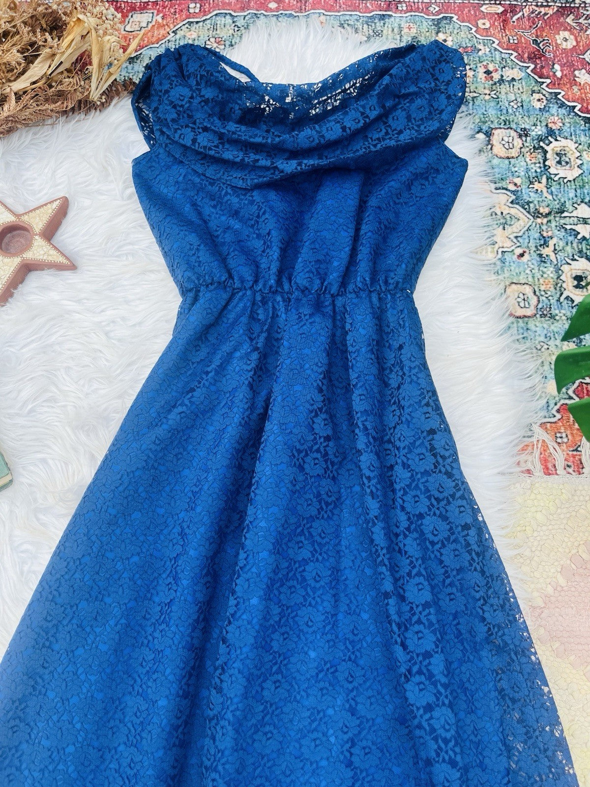 Vintage 1980s Lace Dress Long Maxi Prairie Dress With Cowl Neck Blue Size 10-12