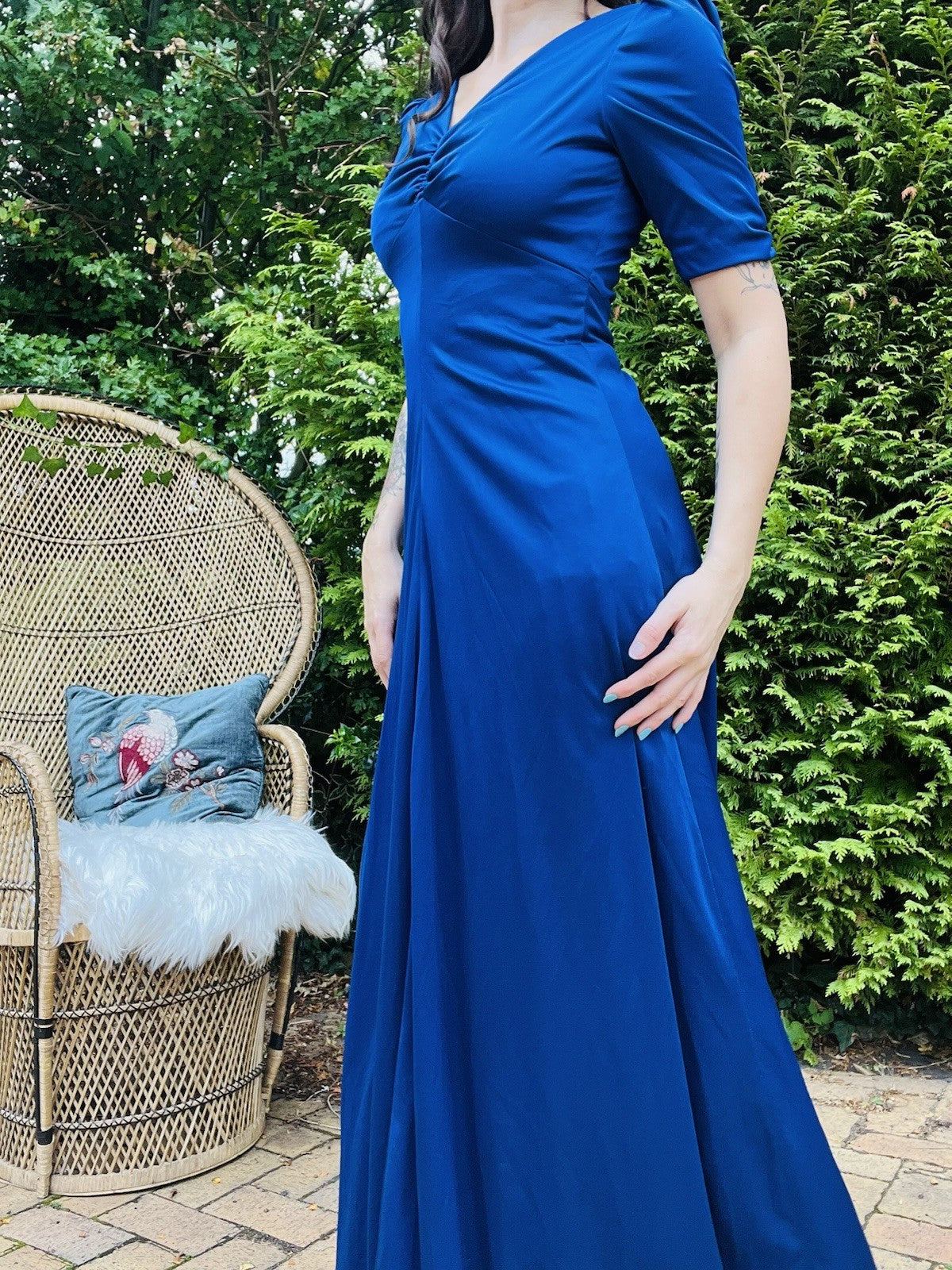 Vintage 1970s Maxi Dress, Short Sleeves Long Length Rouched Bust Dress - Blue 10