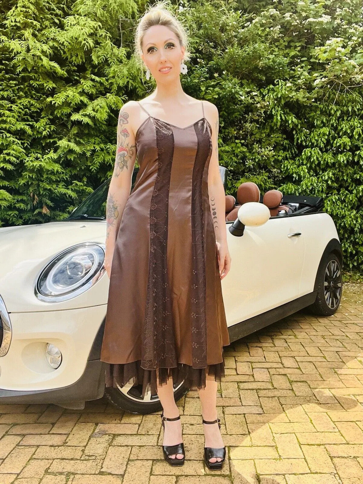 Vintage Y2K strappy Dress brown Size 12 L By Per Una Satin And Lace Whimsigoth