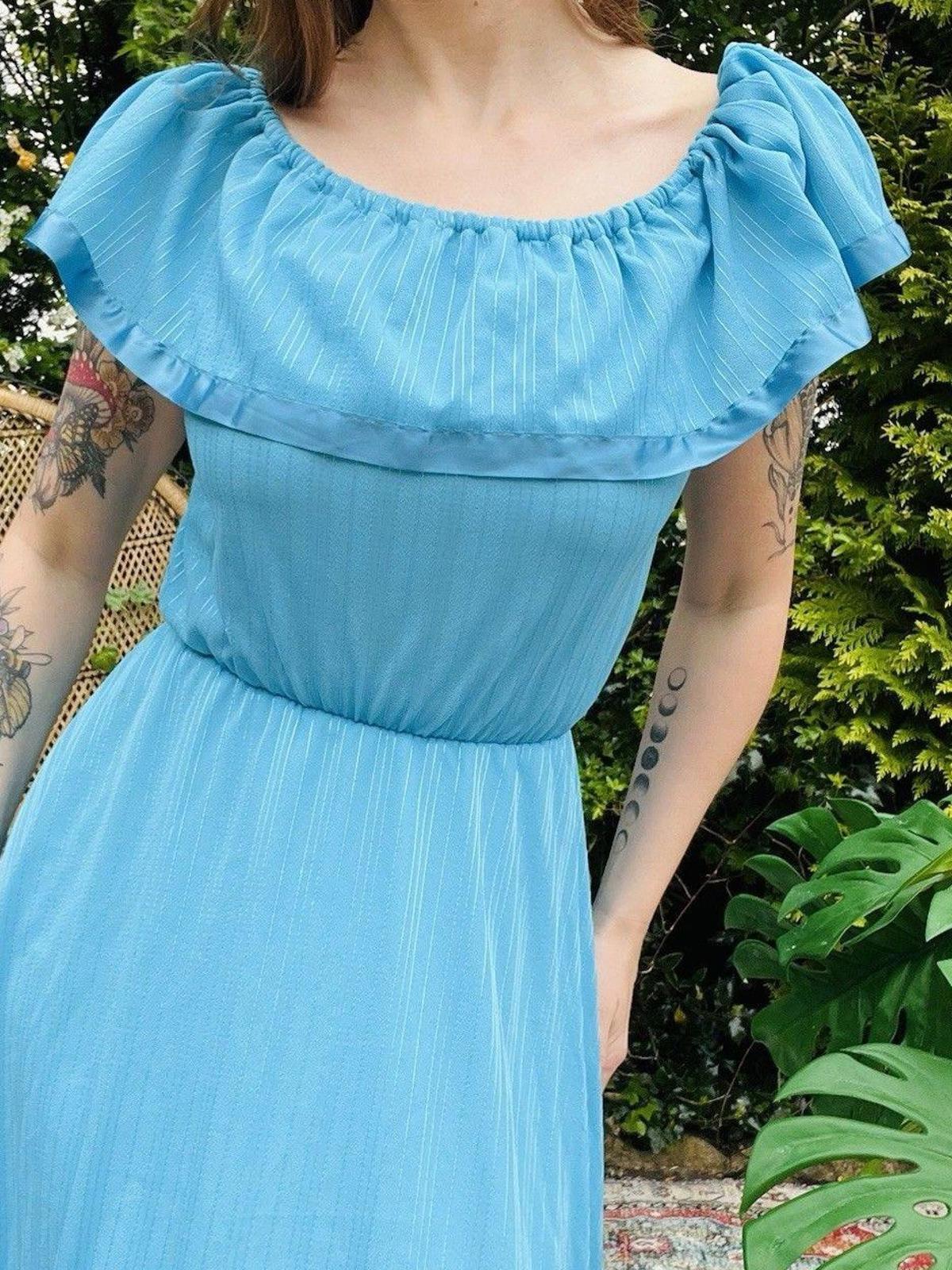 Vintage 1970s Maxi Dress By C&A Long Bardot Shoulder Layered Prairie Dress 8