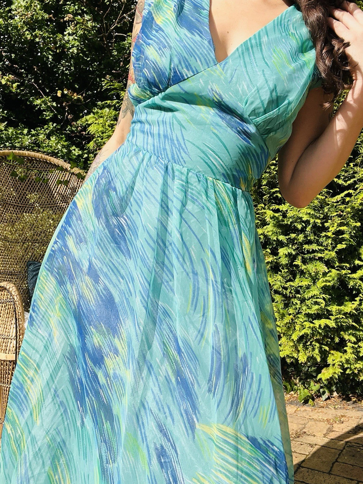 Vintage 1970s Maxi Dress Long Retro Abstract Wave Print Floaty Tie Waist Blue 12