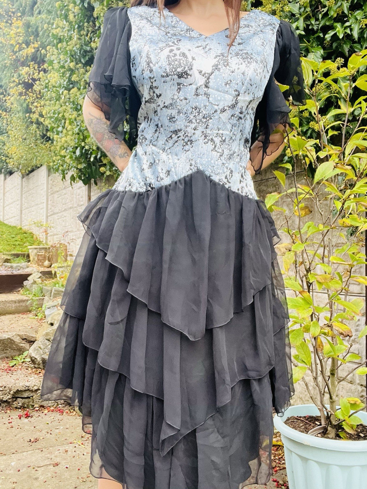 Vintage 1980s Party Dress Black Size 14-16 Frilly Floaty Layered Skirt