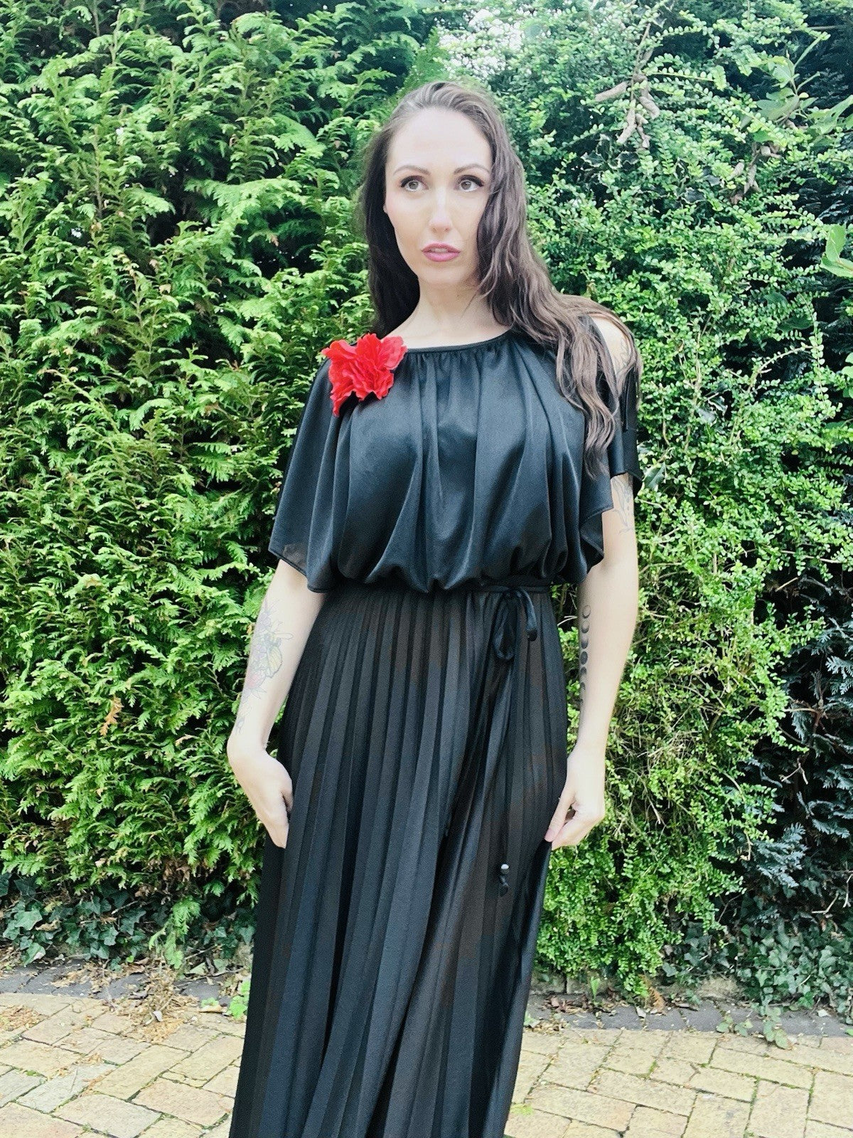 Vintage 1980s Maxi Dress, Long Pleated Skirt, Batwing Cape Sleeve Top, Black 10