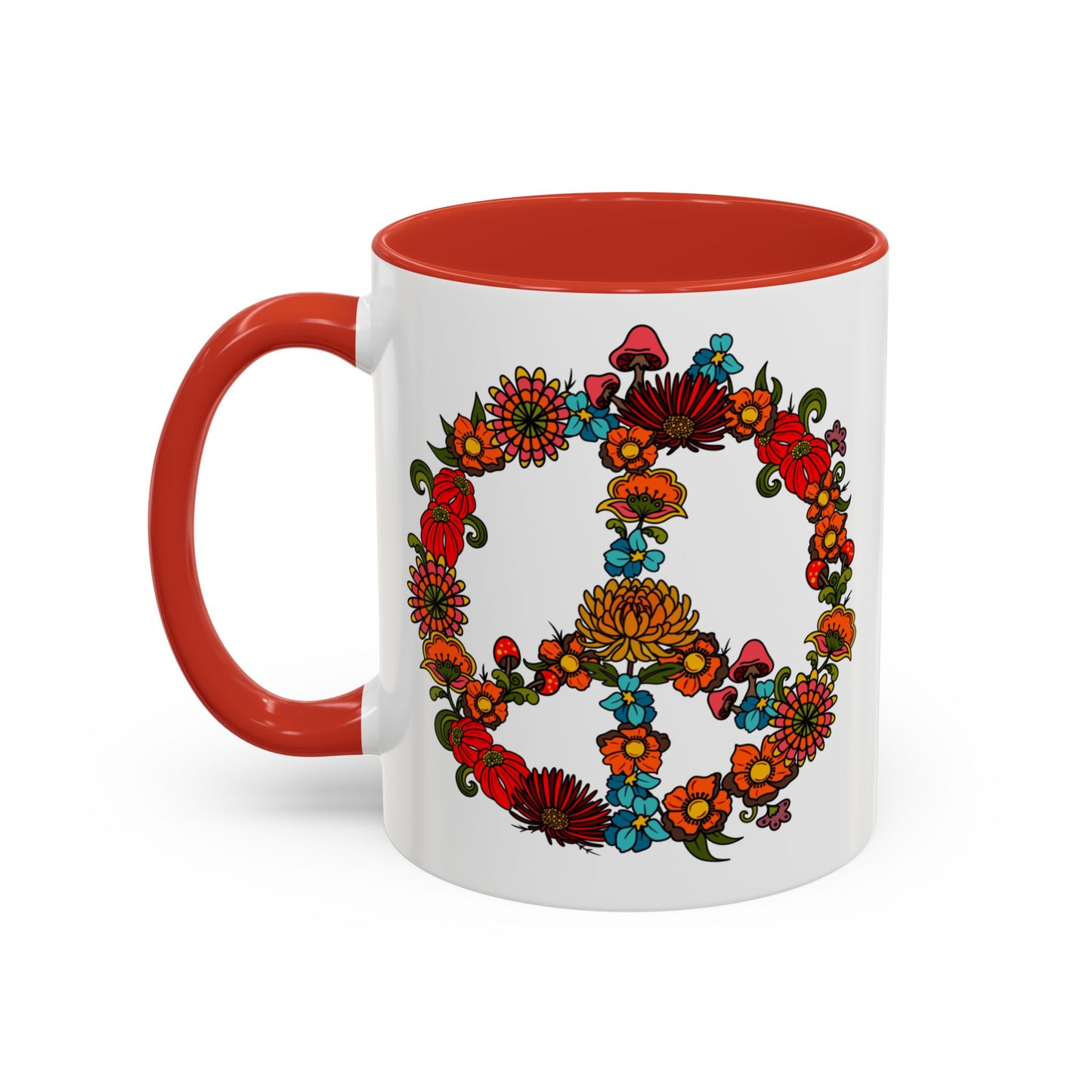 Hippie Peace Sign mug, Retro Floral 60s 70s tea and coffee cup, Colourful CND flower power ceramic mug
