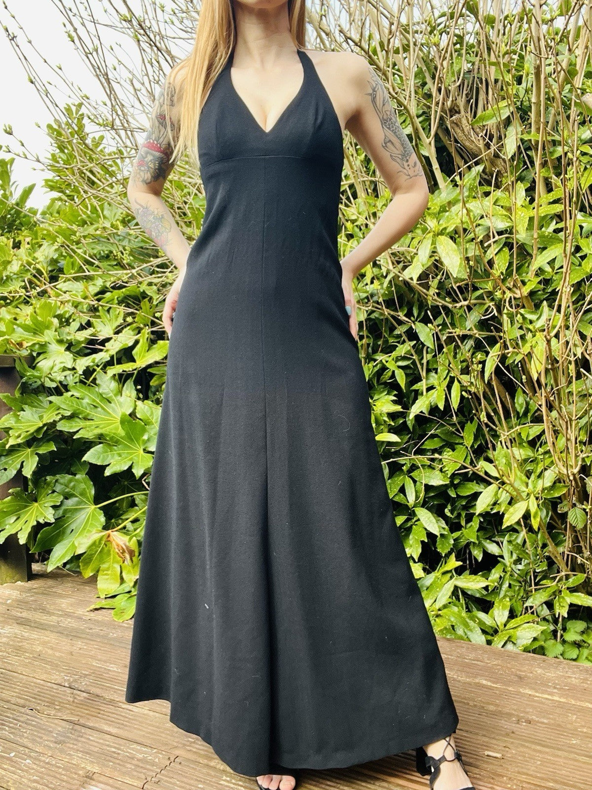 Vintage 1970s Maxi Dress Halterneck Low Back Long Dress By Janick Black Size 8