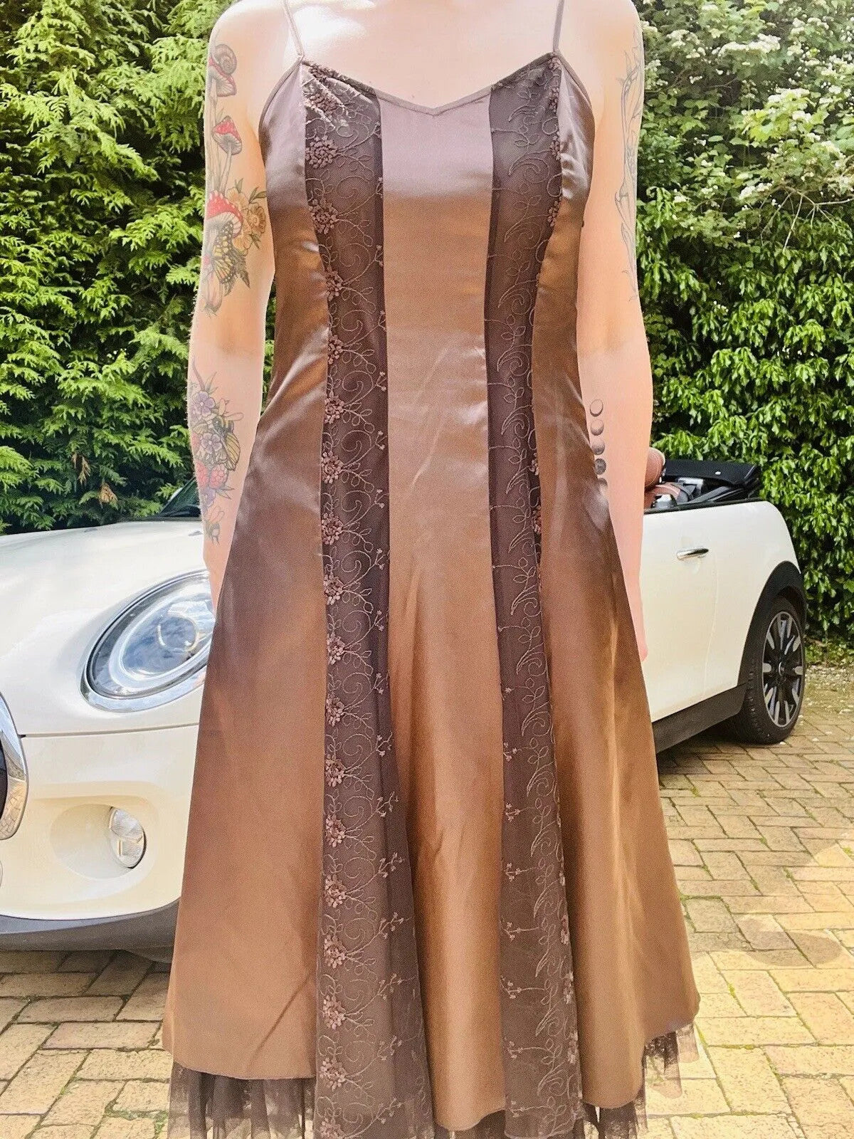 Vintage Y2K strappy Dress brown Size 12 L By Per Una Satin And Lace Whimsigoth